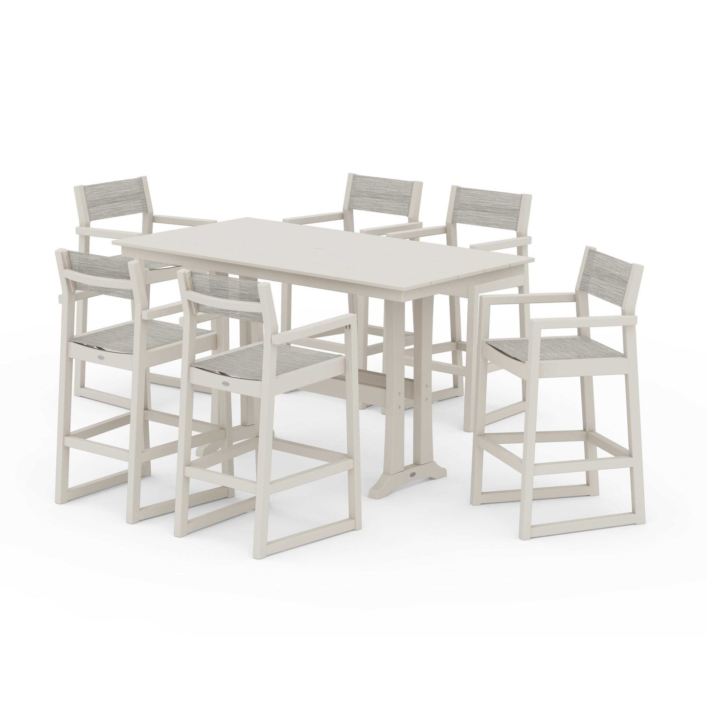POLYWOOD EDGE Sling Arm Chair 7-Piece Farmhouse Bar Set with Trestle Legs — Sand / Birch Sling