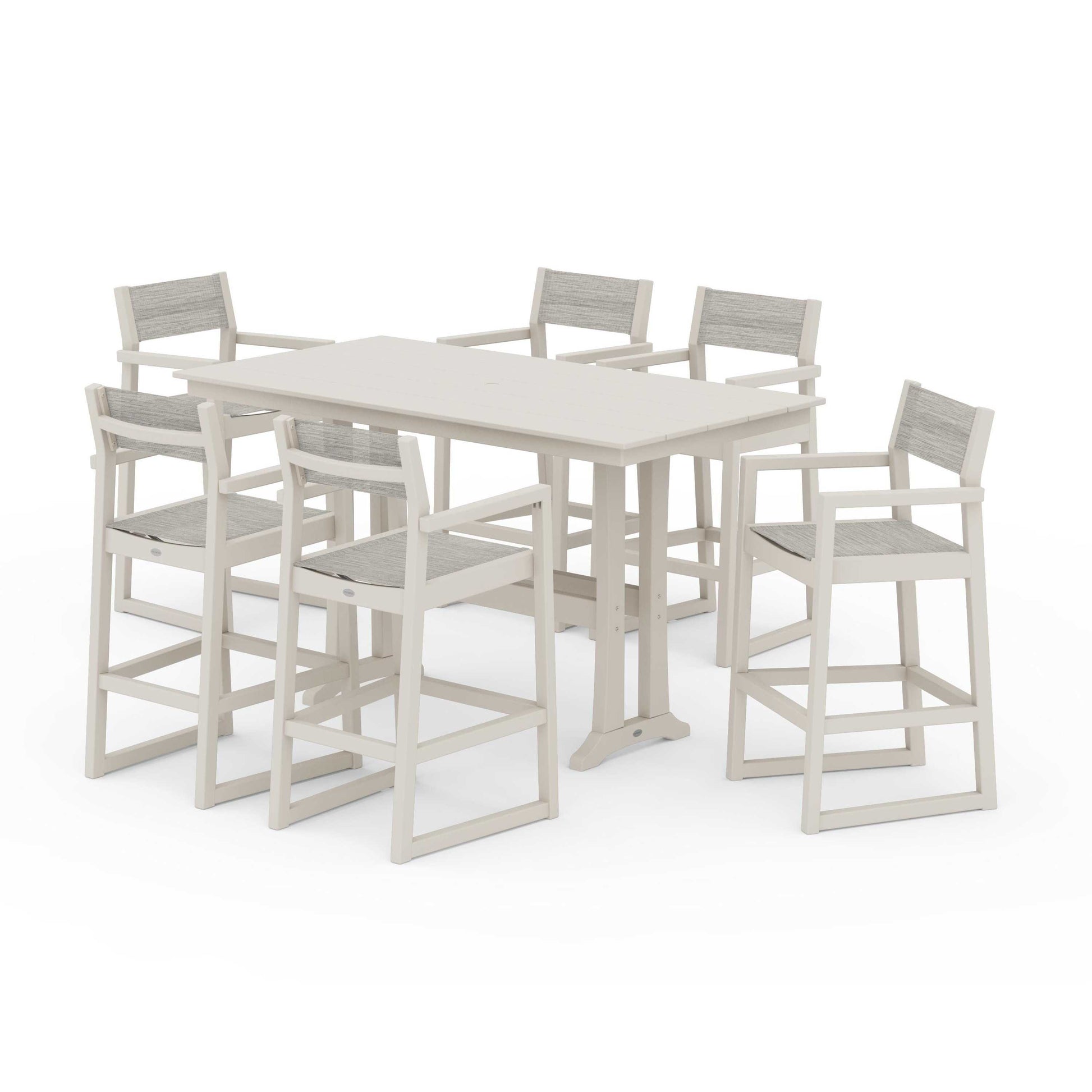 POLYWOOD EDGE Sling Arm Chair 7-Piece Farmhouse Bar Set with Trestle Legs — Sand / Birch Sling
