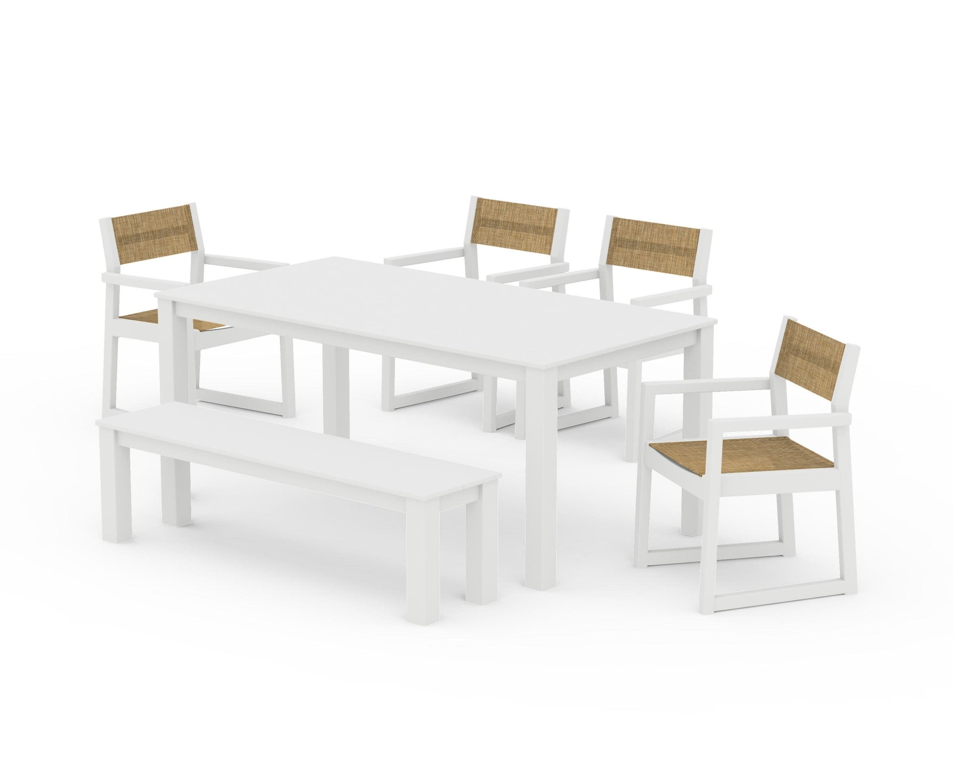 POLYWOOD EDGE Sling Arm Chair 6-Piece Parsons Dining Set with Bench — White / Burlap Sling