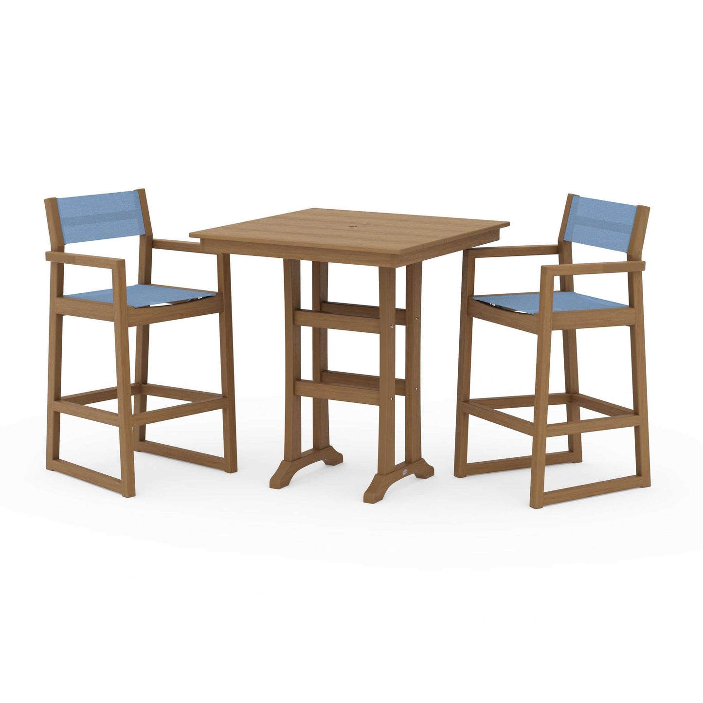POLYWOOD EDGE Sling Arm Chair 3-Piece Farmhouse Bar Set with Trestle Legs — Natural / Poolside Sling
