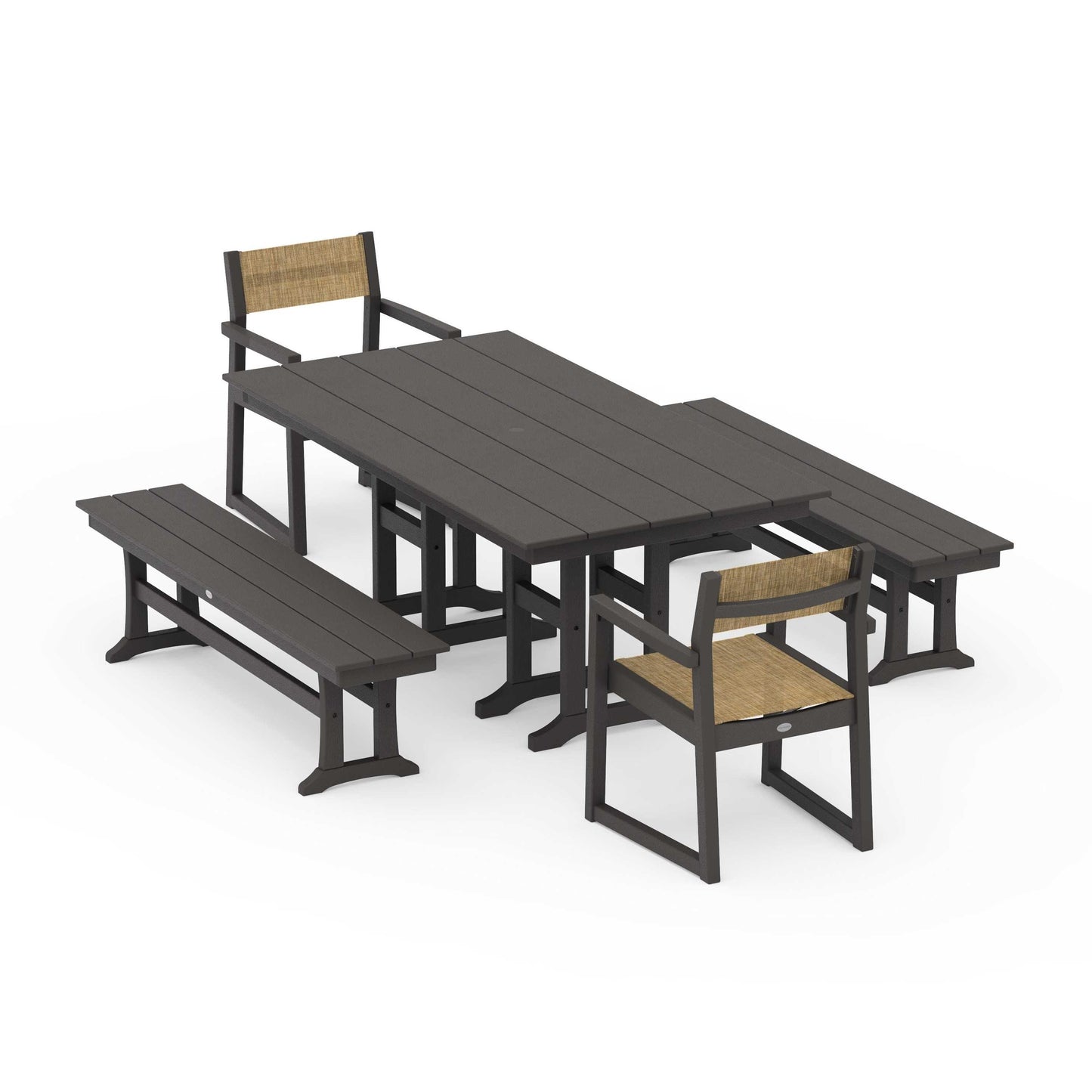 POLYWOOD EDGE Sling Arm Chair 5-Piece Farmhouse Dining Set with Benches — Vintage Coffee / Burlap Sling