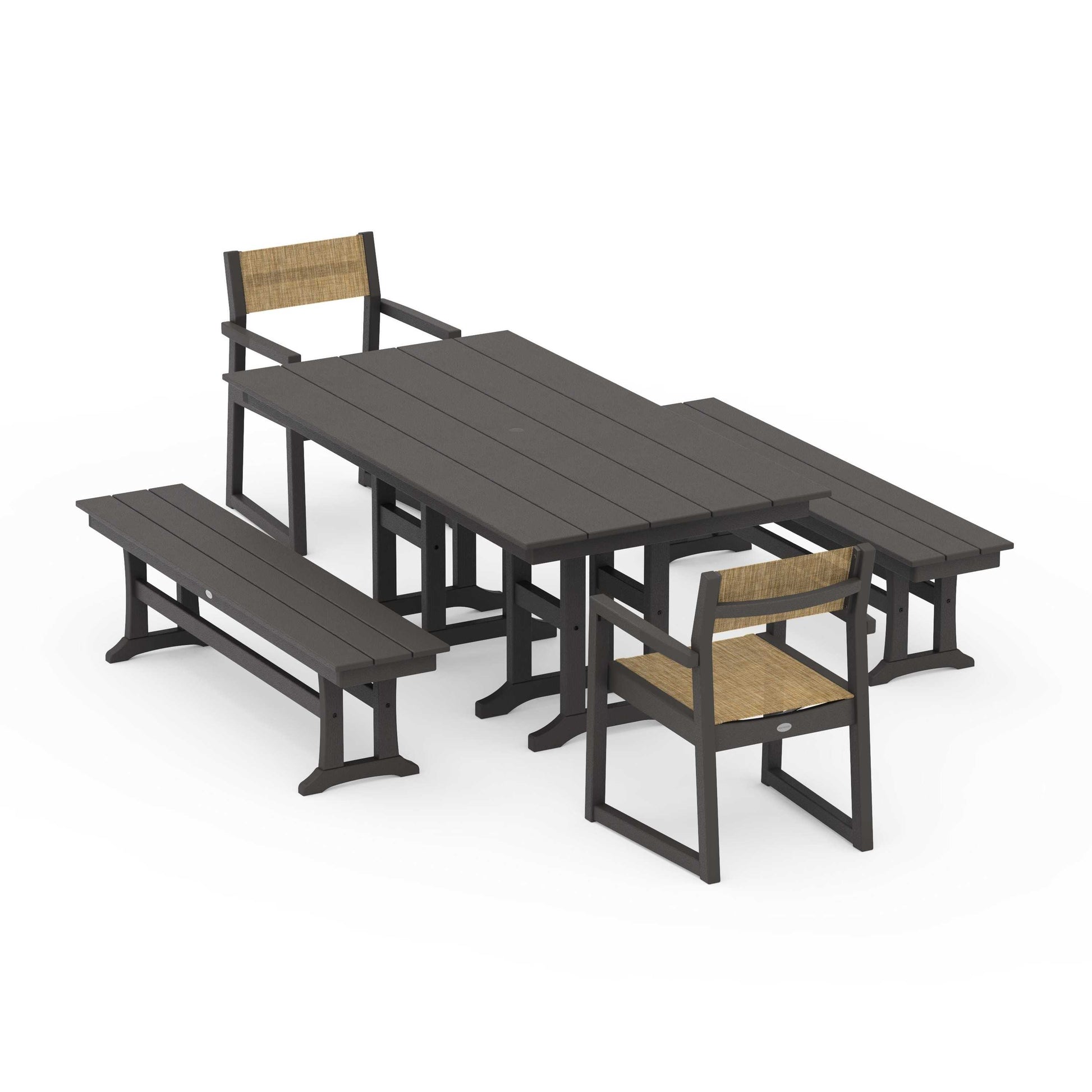 POLYWOOD EDGE Sling Arm Chair 5-Piece Farmhouse Dining Set with Benches — Vintage Coffee / Burlap Sling