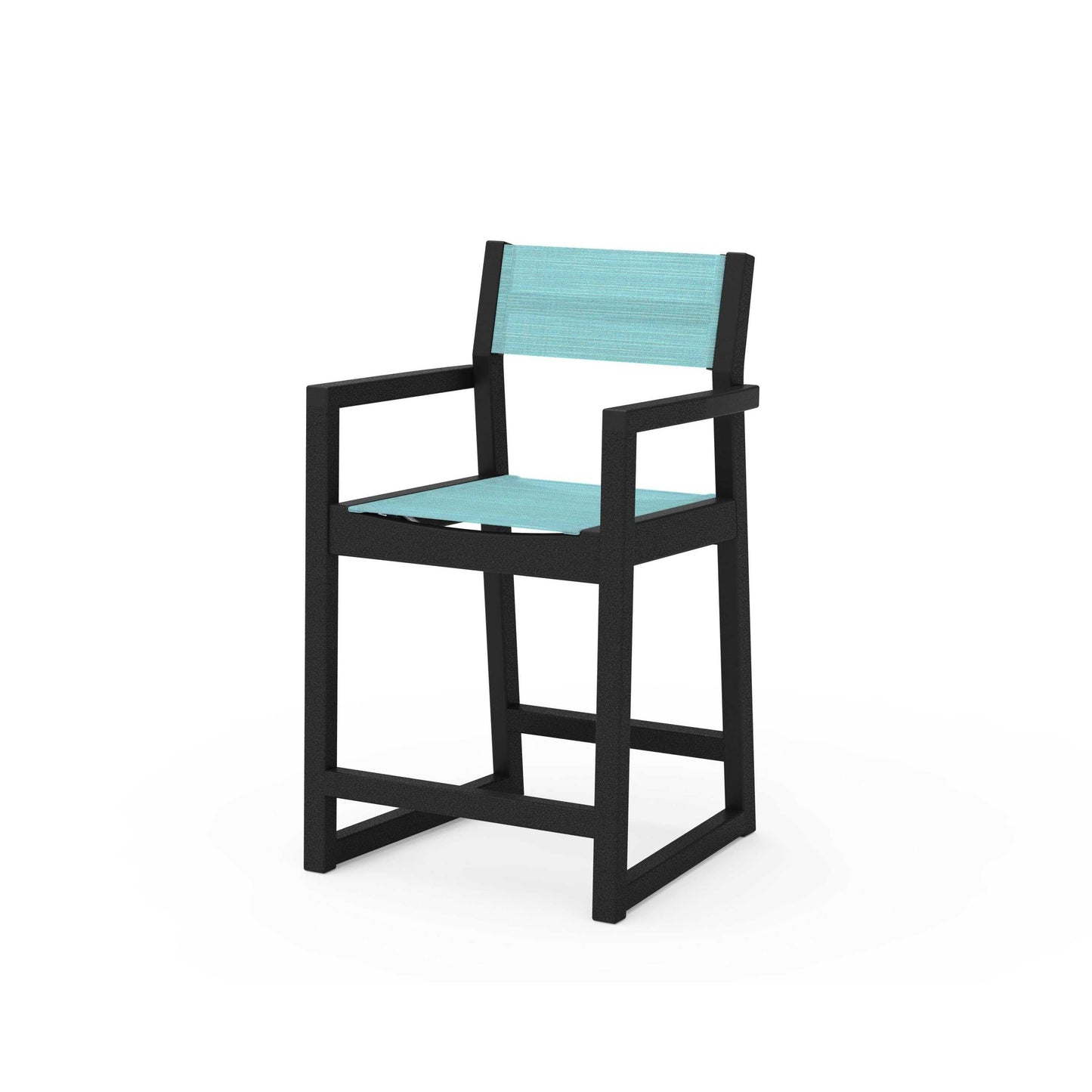 POLYWOOD EDGE Sling Counter Arm Chair — Black / Dupioni Aquamarine Sling