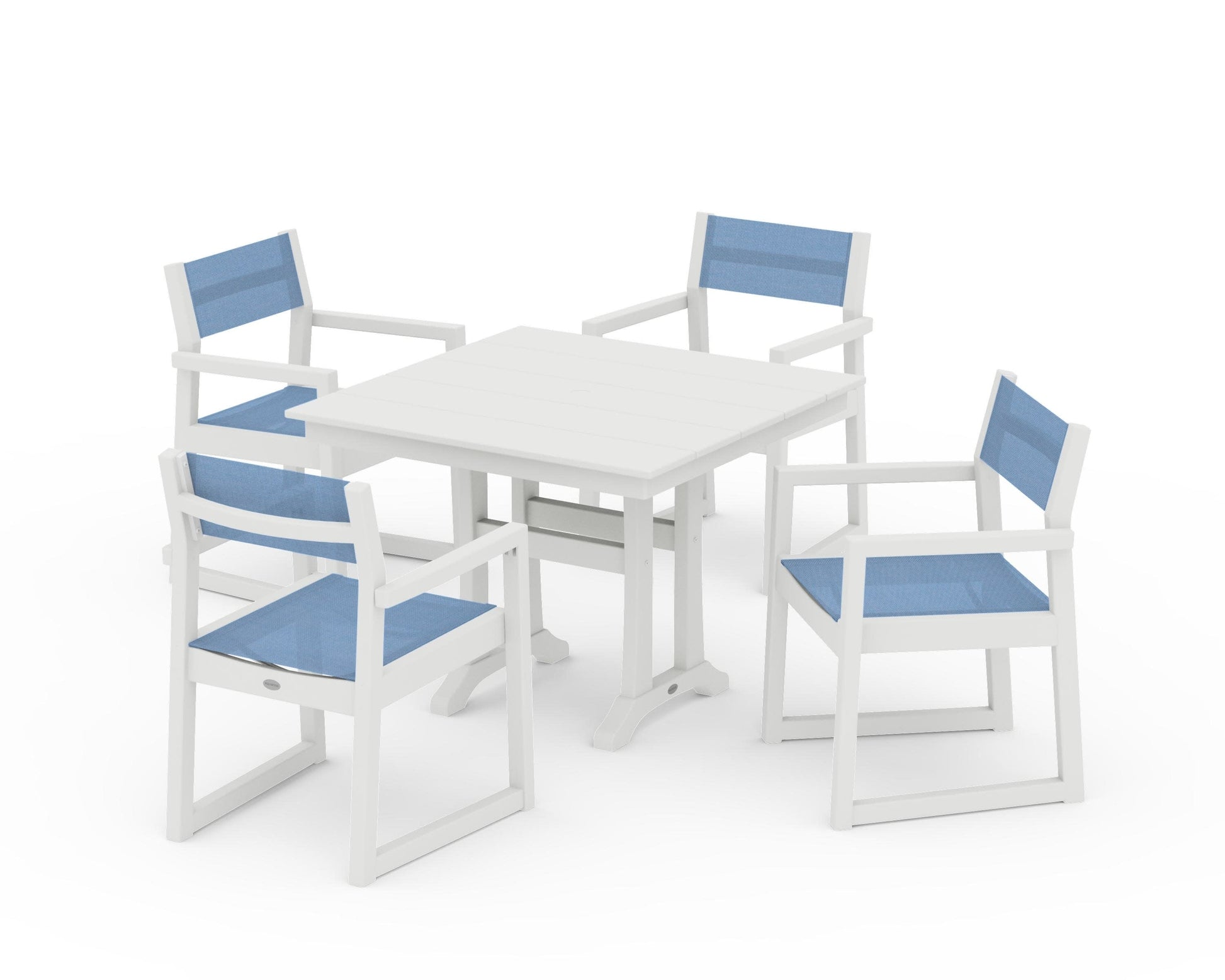 POLYWOOD EDGE Sling 5-Piece Farmhouse Dining Set with Trestle Legs — Vintage White / Poolside Sling