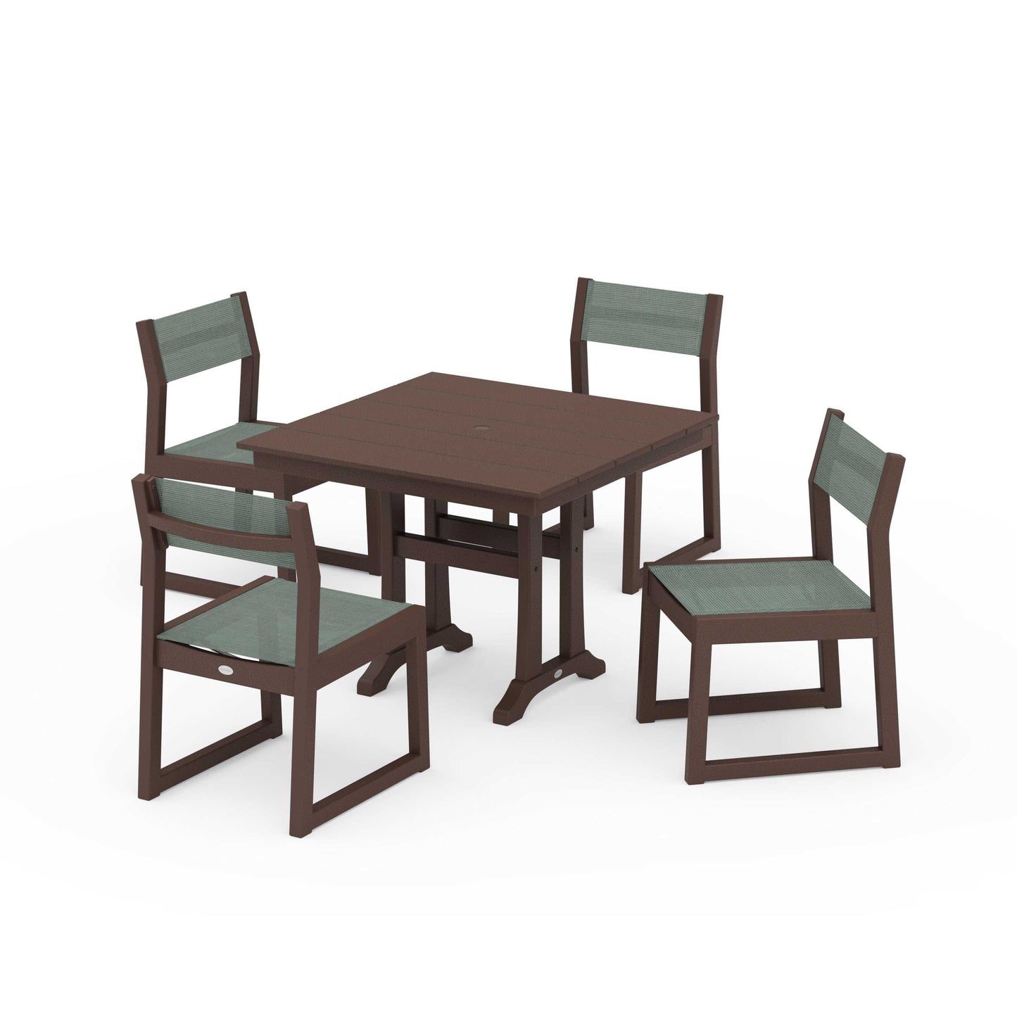 POLYWOOD EDGE Sling 5-Piece Farmhouse Trestle Side Chair Dining Set — Mahogany / Dupioni Sea Mist Sling