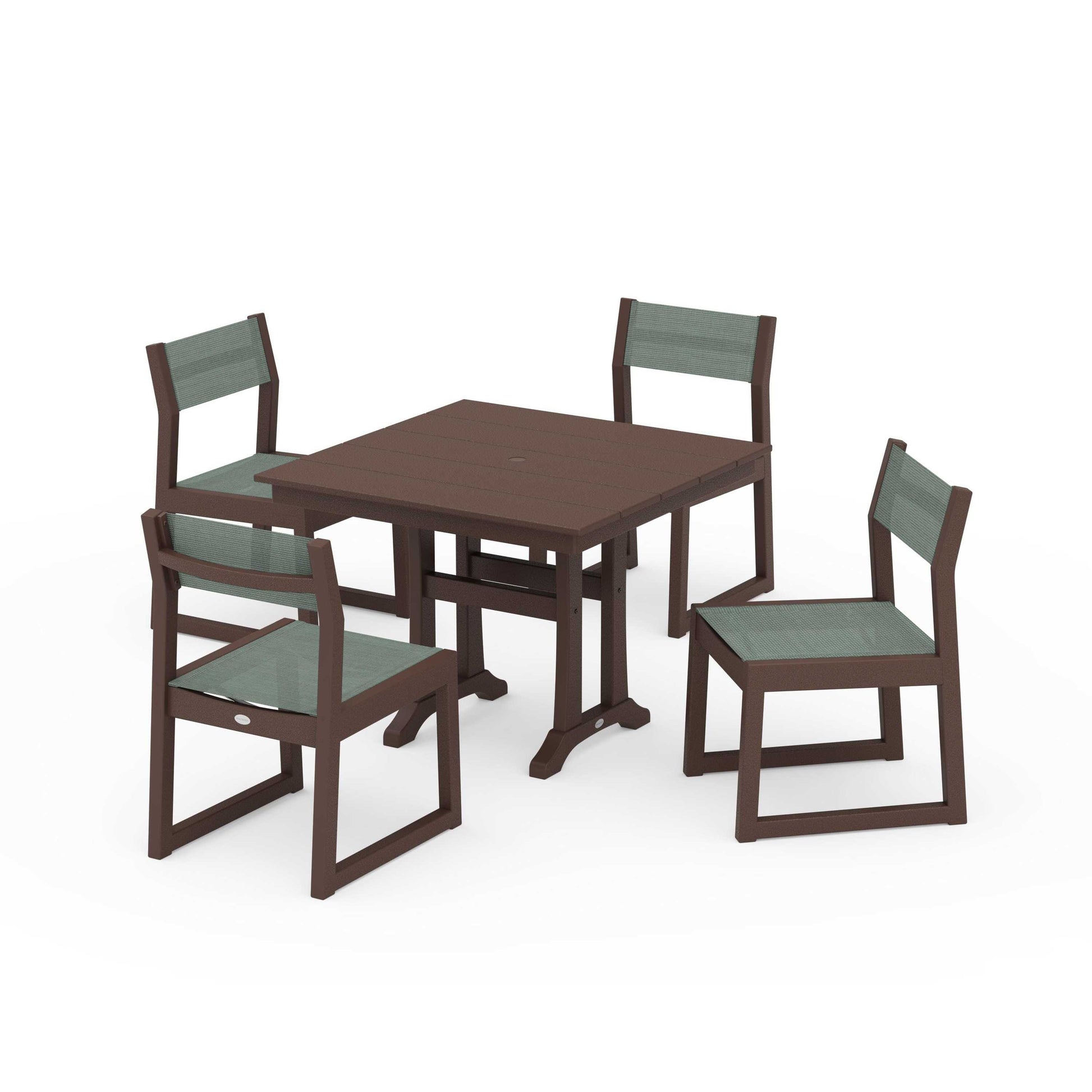 POLYWOOD EDGE Sling 5-Piece Farmhouse Trestle Side Chair Dining Set — Mahogany / Dupioni Sea Mist Sling
