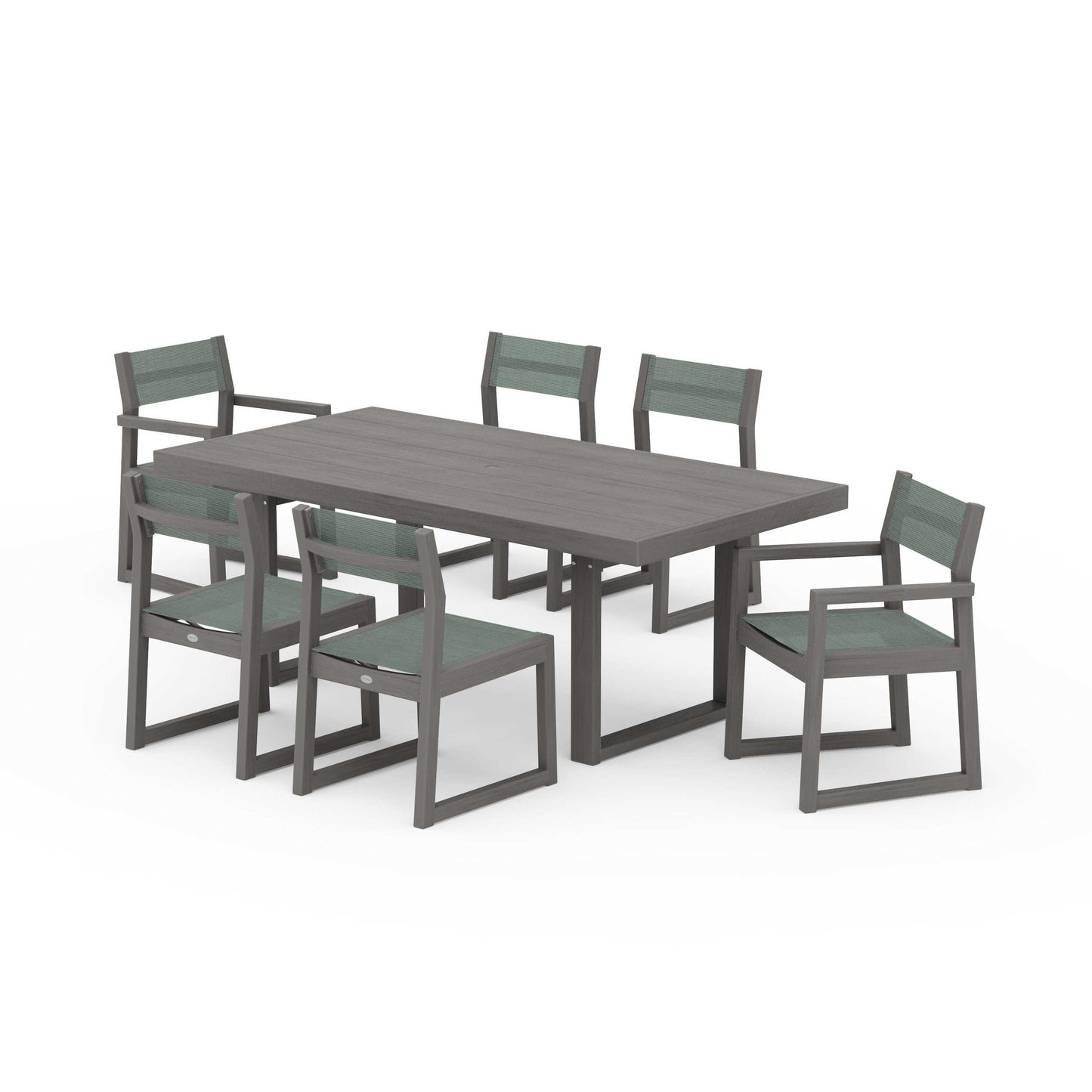 POLYWOOD EDGE Sling 7-Piece Dining Set — Driftwood / Dupioni Sea Mist Sling