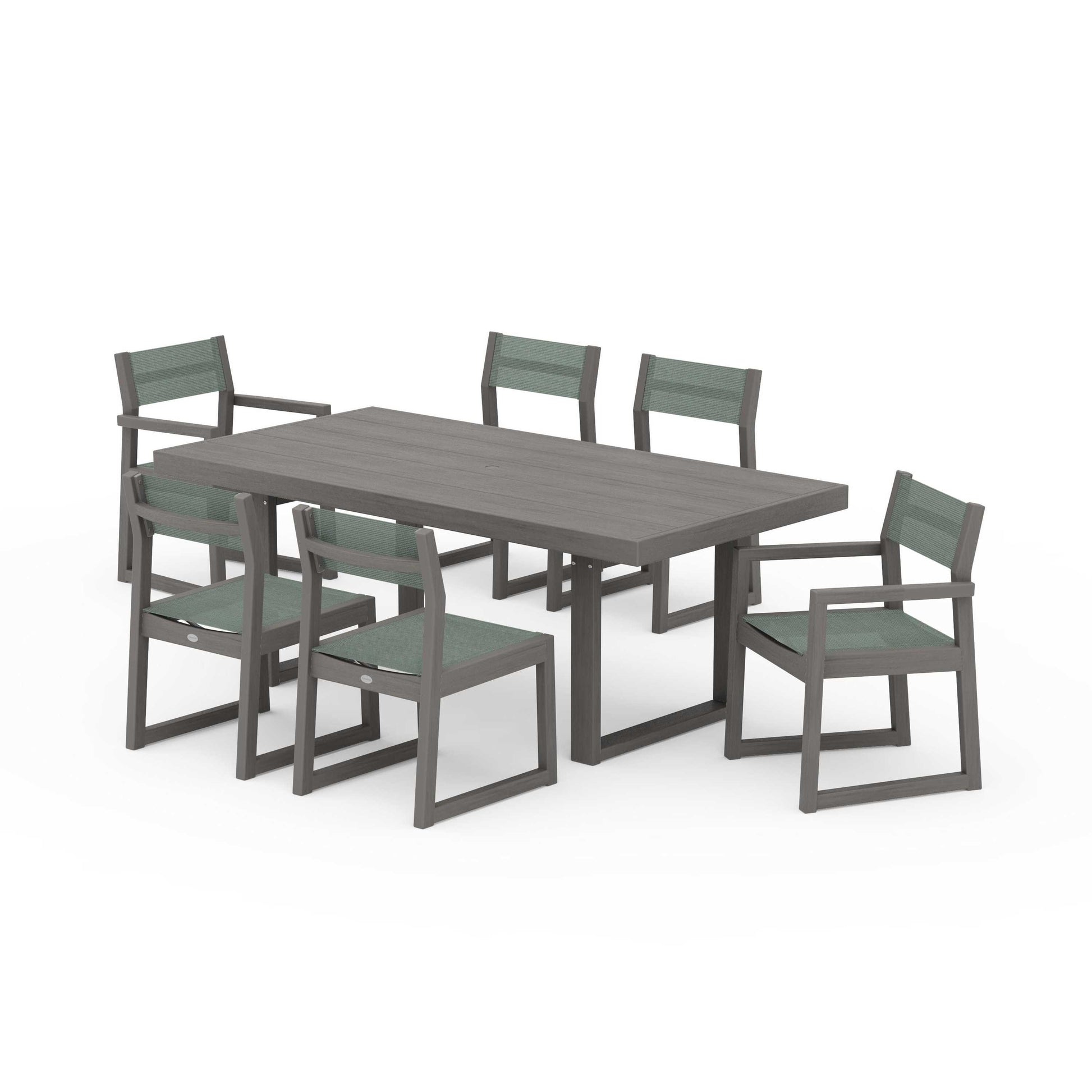 POLYWOOD EDGE Sling 7-Piece Dining Set — Driftwood / Dupioni Sea Mist Sling