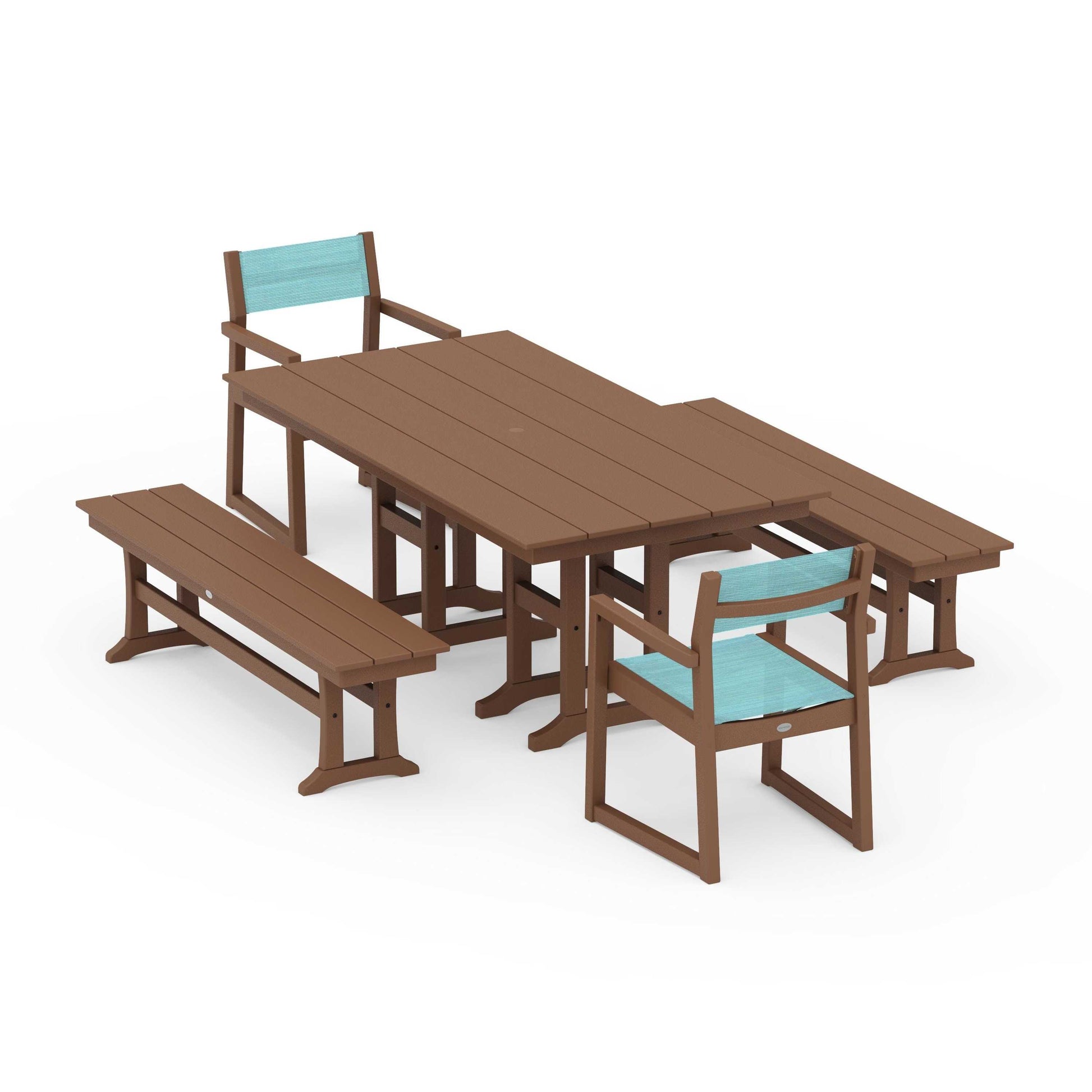 POLYWOOD EDGE Sling Arm Chair 5-Piece Farmhouse Dining Set with Benches — Teak / Dupioni Aquamarine Sling