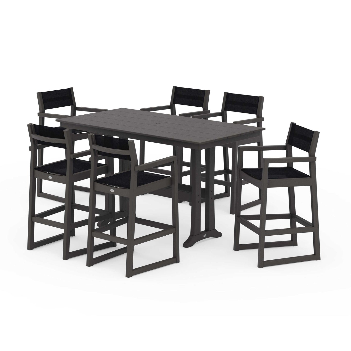 POLYWOOD EDGE Sling Arm Chair 7-Piece Farmhouse Bar Set with Trestle Legs — Vintage Coffee / Black Sling