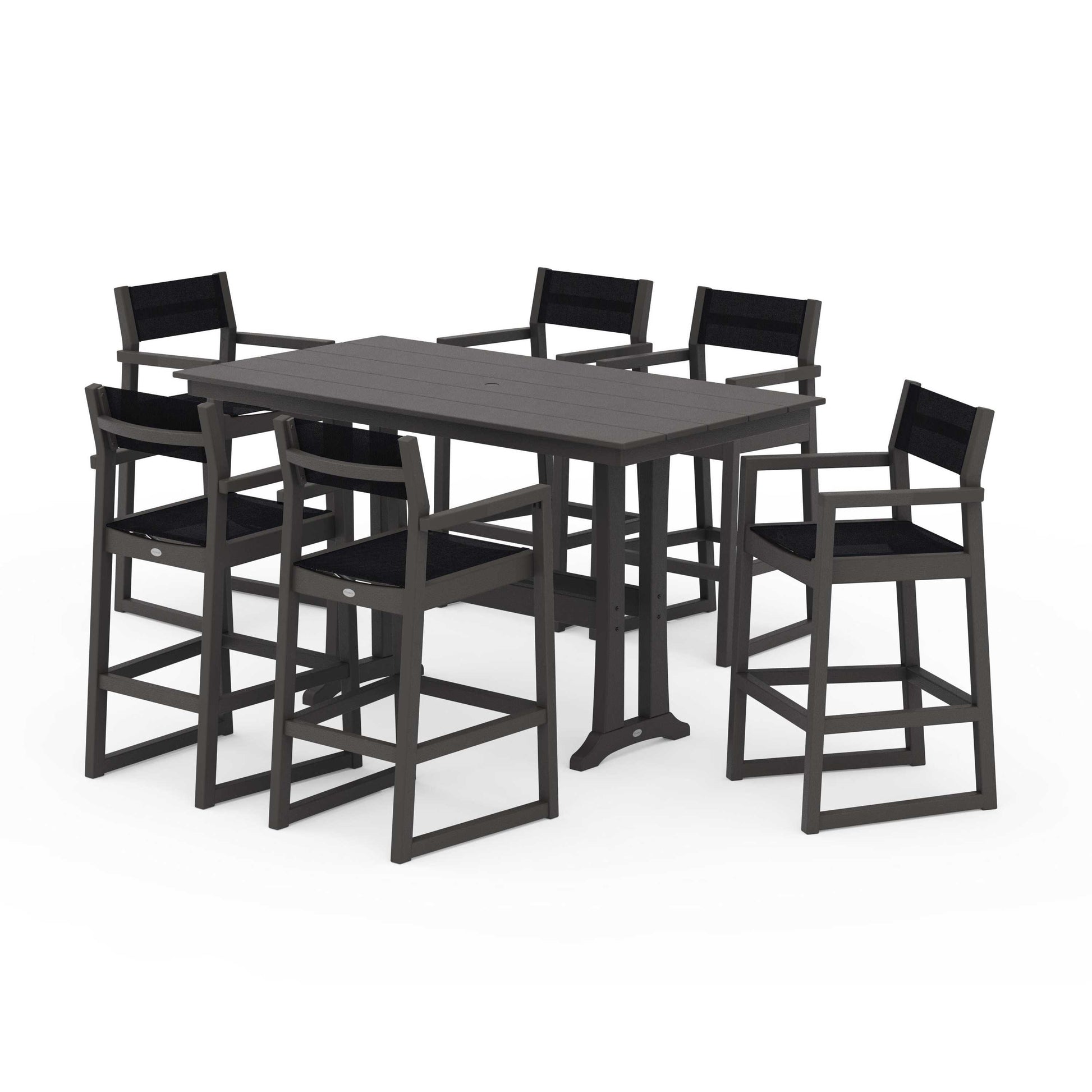 POLYWOOD EDGE Sling Arm Chair 7-Piece Farmhouse Bar Set with Trestle Legs — Vintage Coffee / Black Sling