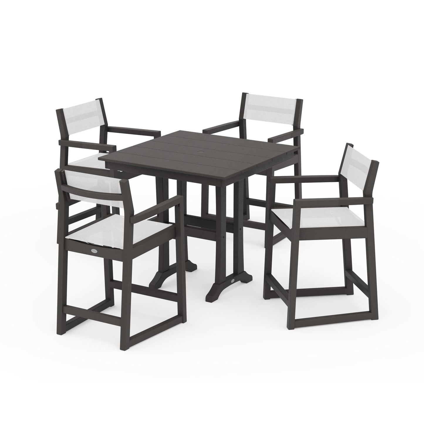 POLYWOOD EDGE Sling Arm Chair 5-Piece Farmhouse Counter Set with Trestle Legs — Vintage Coffee / White Sling