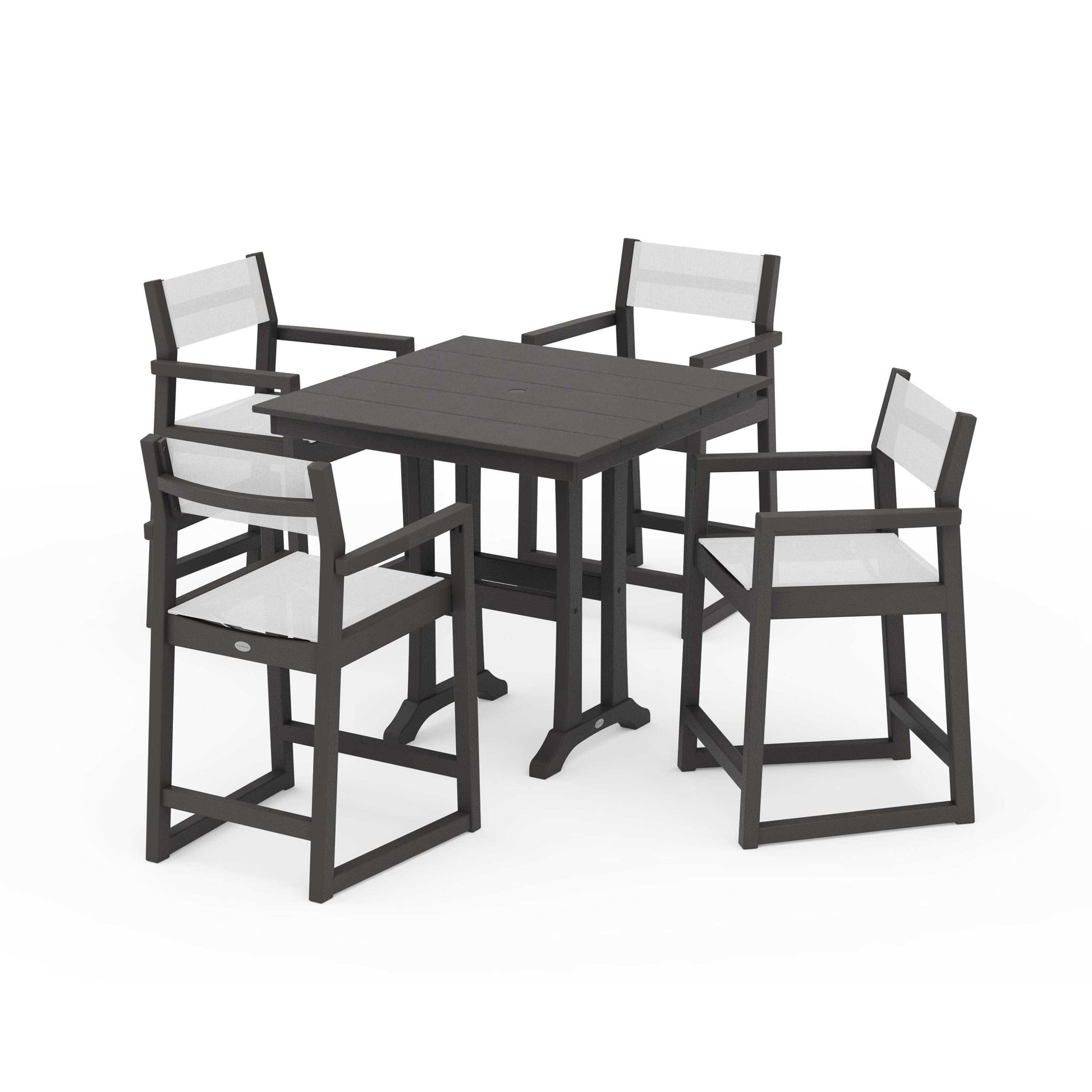 POLYWOOD EDGE Sling Arm Chair 5-Piece Farmhouse Counter Set with Trestle Legs — Vintage Coffee / White Sling