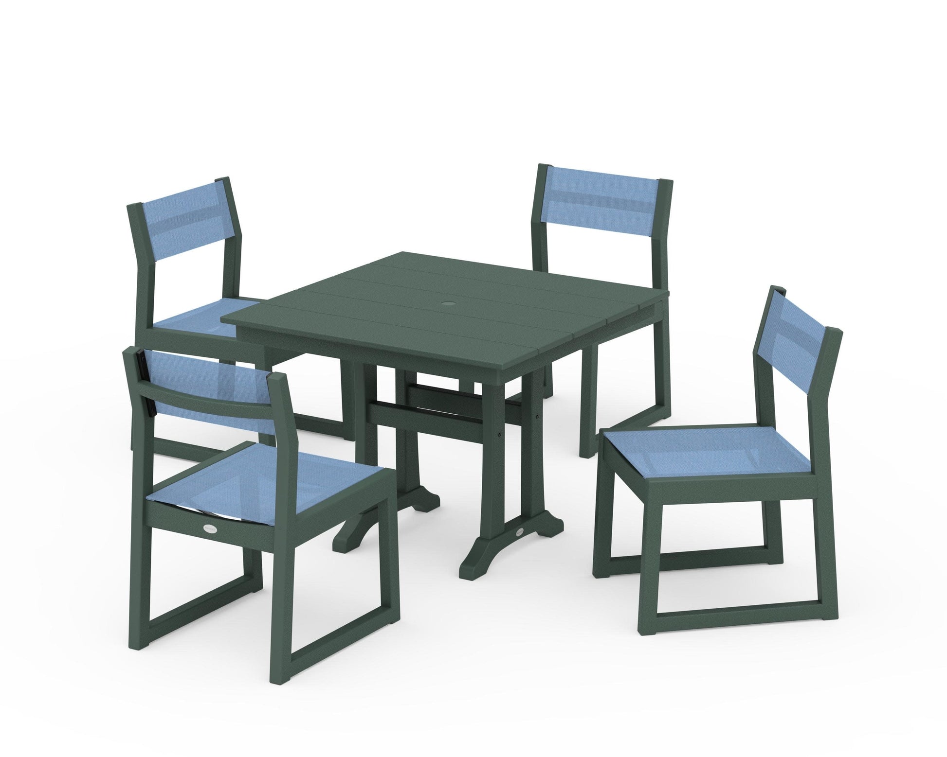 POLYWOOD EDGE Sling 5-Piece Farmhouse Trestle Side Chair Dining Set — Green / Poolside Sling