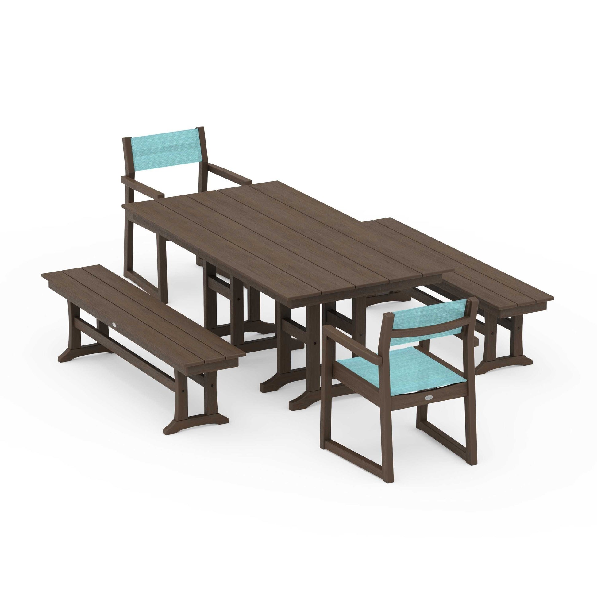 POLYWOOD EDGE Sling Arm Chair 5-Piece Farmhouse Dining Set with Benches — Kona / Dupioni Aquamarine Sling