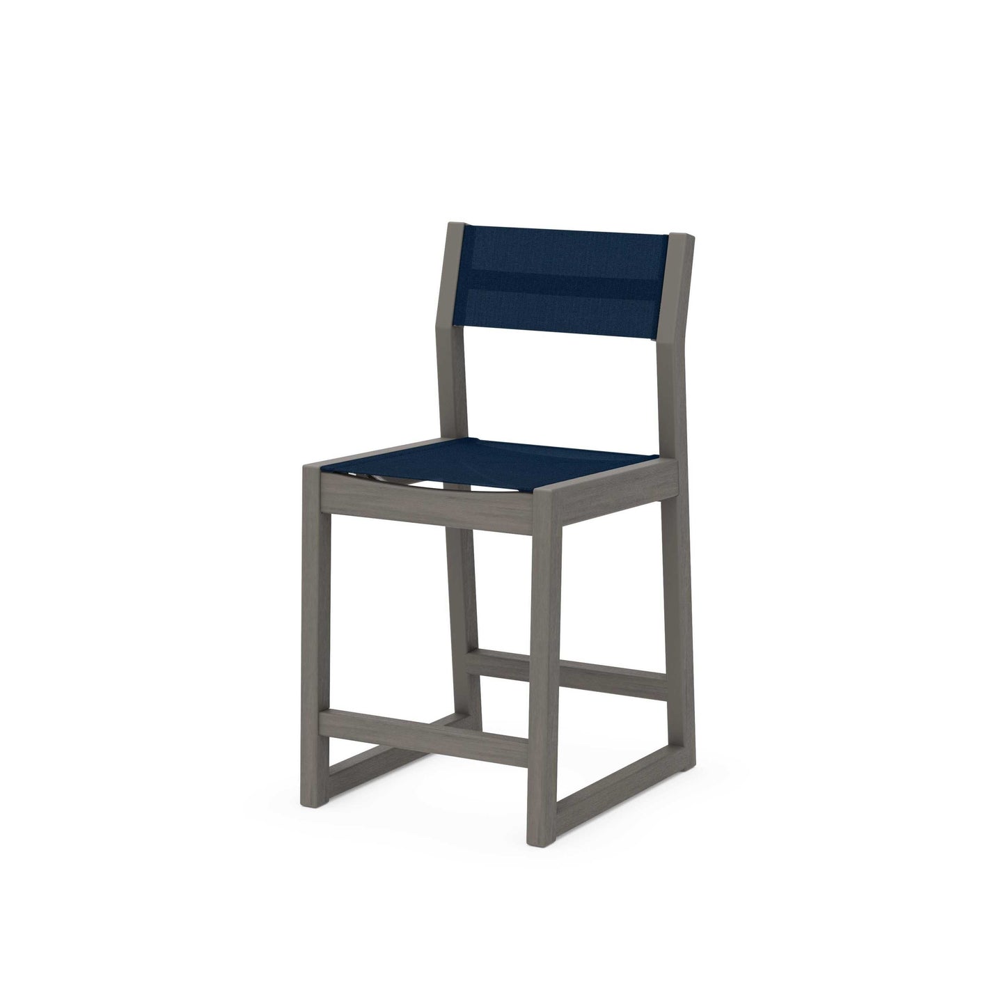 POLYWOOD EDGE Sling Counter Side Chair — Driftwood / Navy Blue Sling