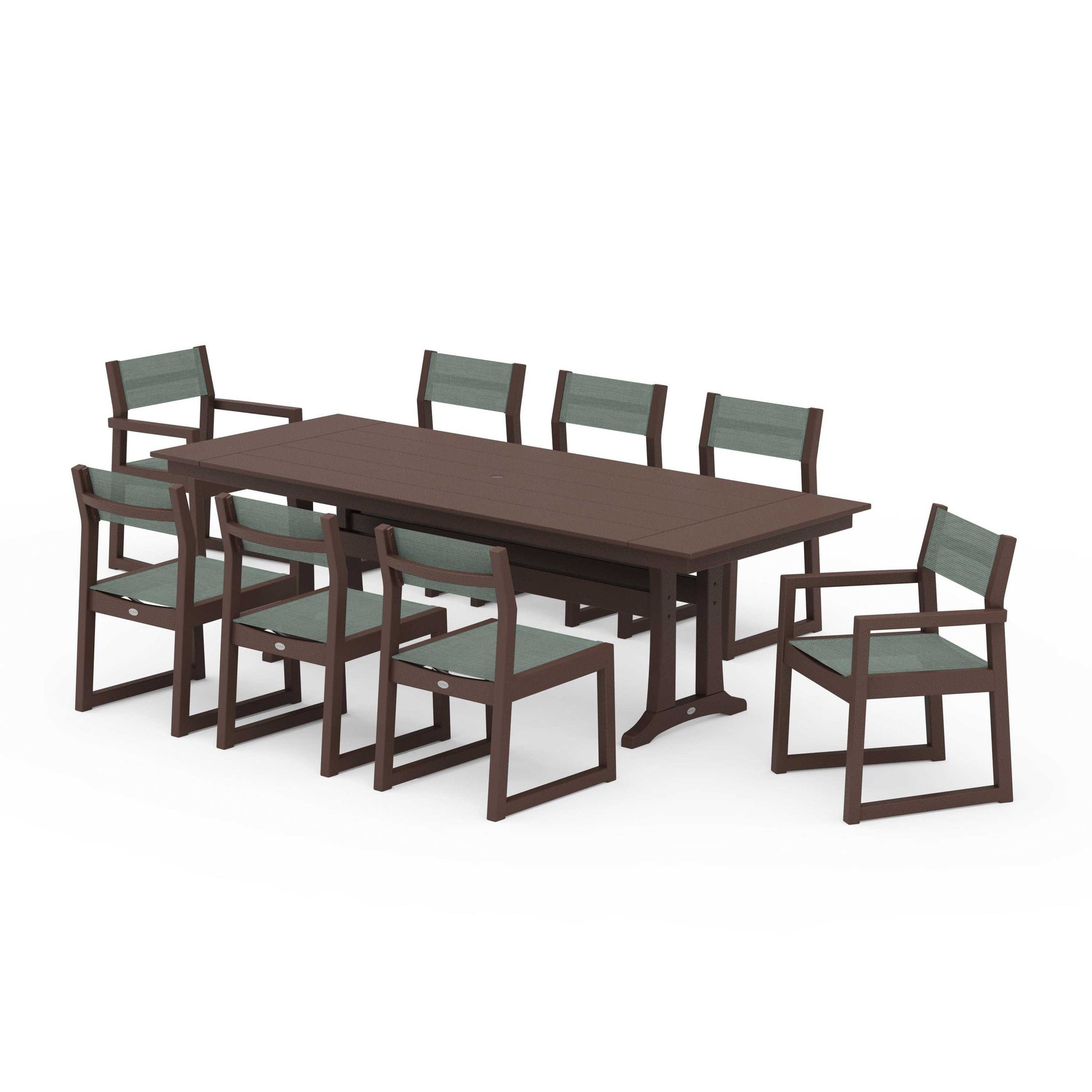 POLYWOOD EDGE Sling 9-Piece Farmhouse Trestle Dining Set — Mahogany / Dupioni Sea Mist Sling