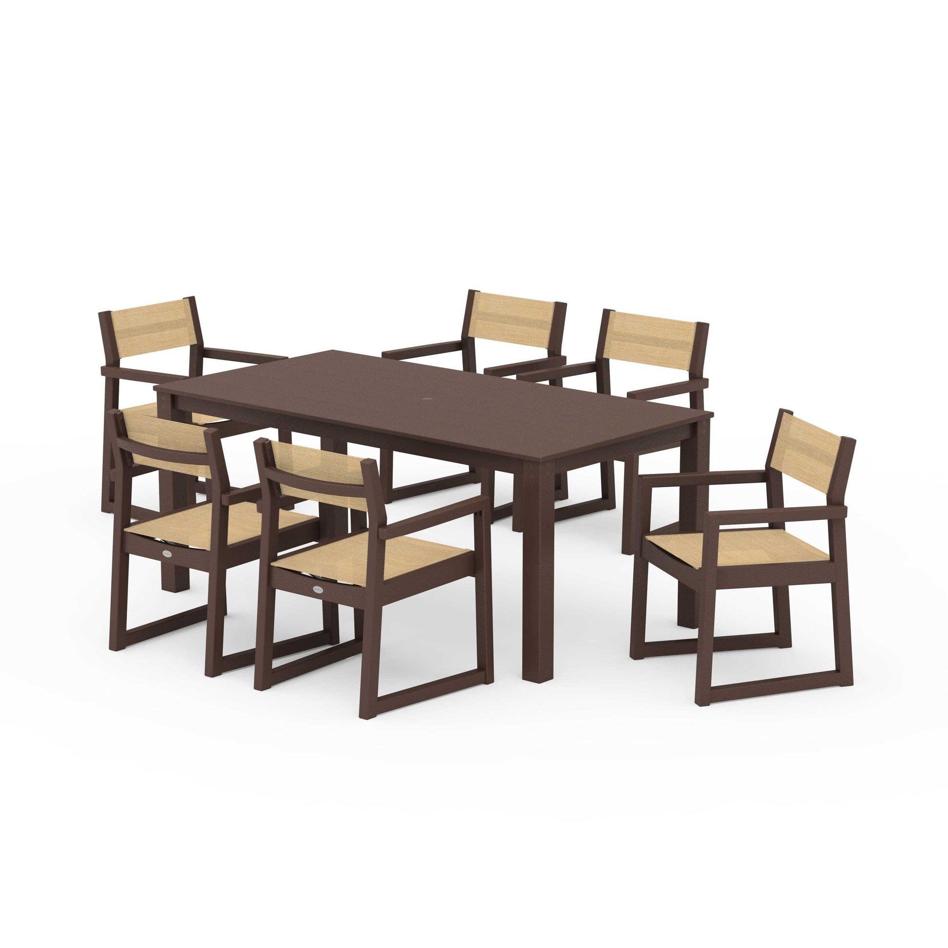 POLYWOOD EDGE Sling Arm Chair 7-Piece Parsons Dining Set — Mahogany / Dupioni Apricot Sling