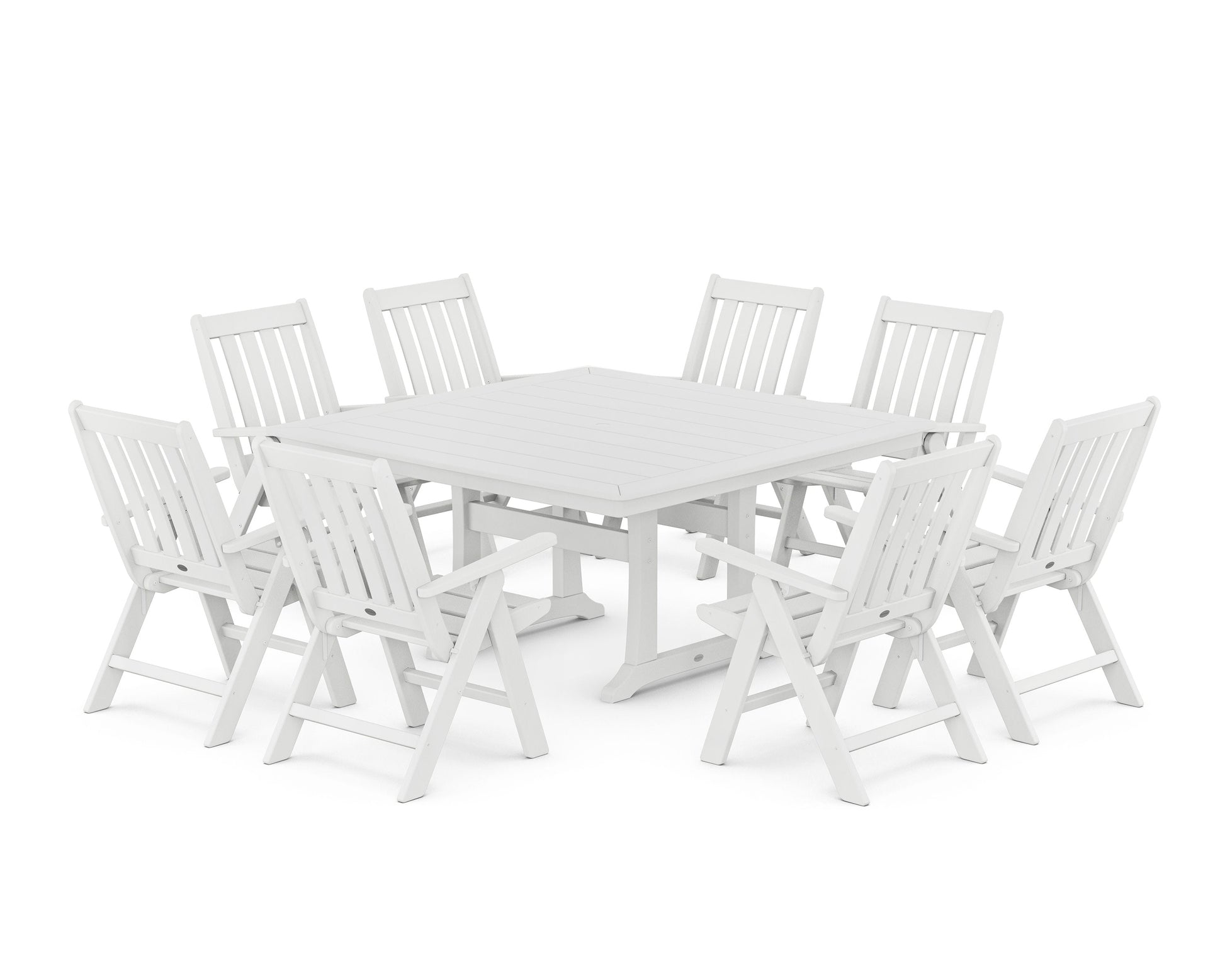 POLYWOOD Vineyard Folding Chair 9-Piece Square Dining Set with Trestle Legs — White