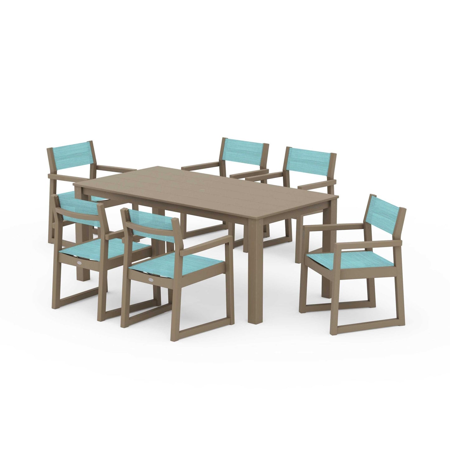 POLYWOOD EDGE Sling Arm Chair 7-Piece Parsons Dining Set — Vintage Sahara / Dupioni Aquamarine Sling
