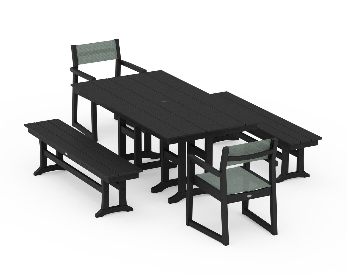 POLYWOOD EDGE Sling Arm Chair 5-Piece Farmhouse Dining Set with Benches — Black / Dupioni Sea Mist Sling
