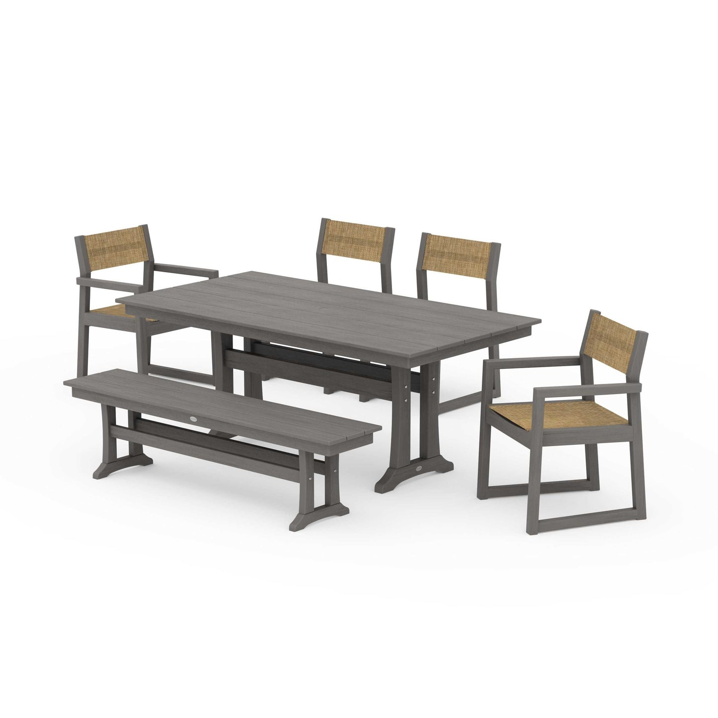 POLYWOOD EDGE Sling 6-Piece Farmhouse Dining Set With Trestle Legs — Driftwood / Burlap Sling