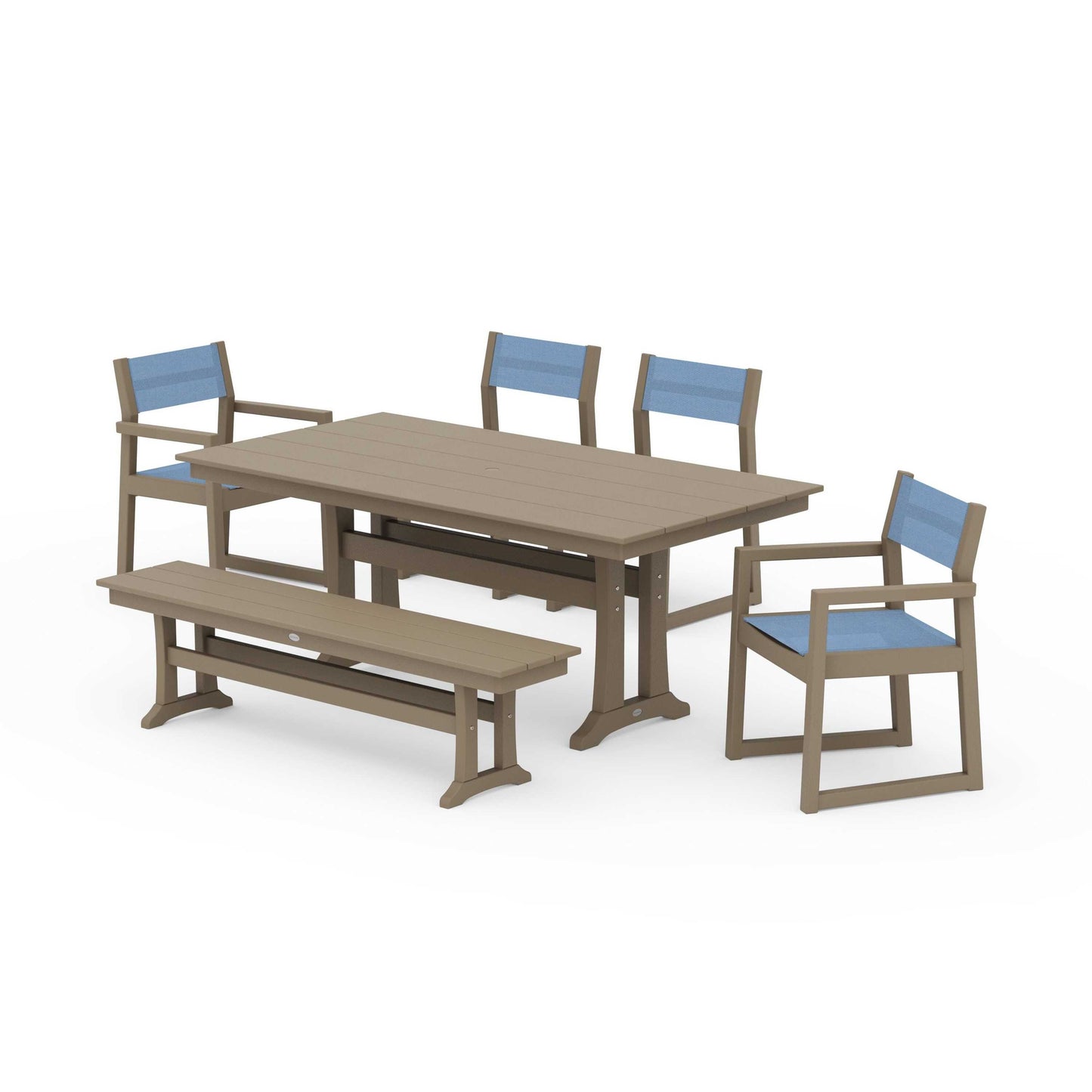 POLYWOOD EDGE Sling 6-Piece Farmhouse Dining Set With Trestle Legs — Vintage Sahara / Poolside Sling