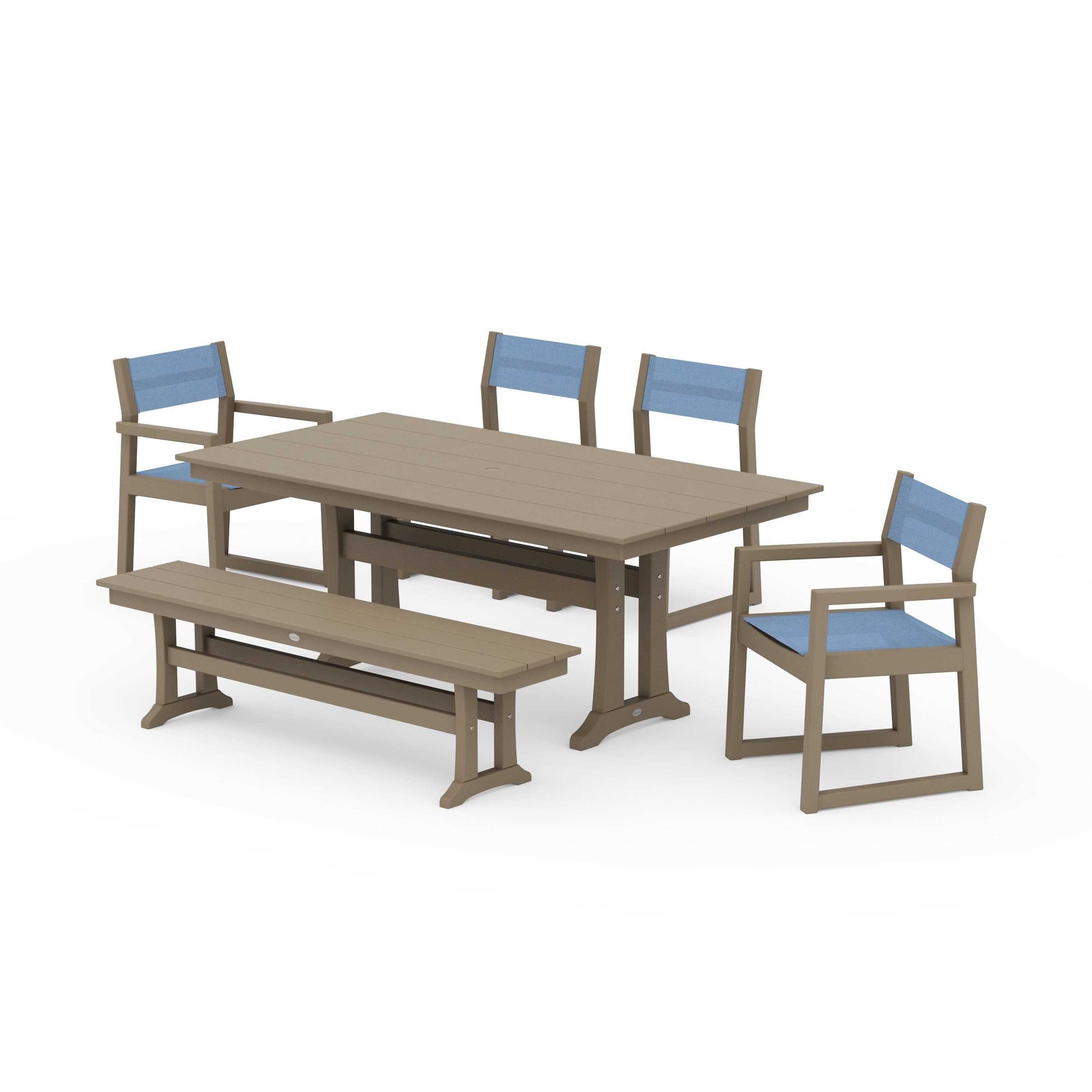 POLYWOOD EDGE Sling 6-Piece Farmhouse Dining Set With Trestle Legs — Vintage Sahara / Poolside Sling