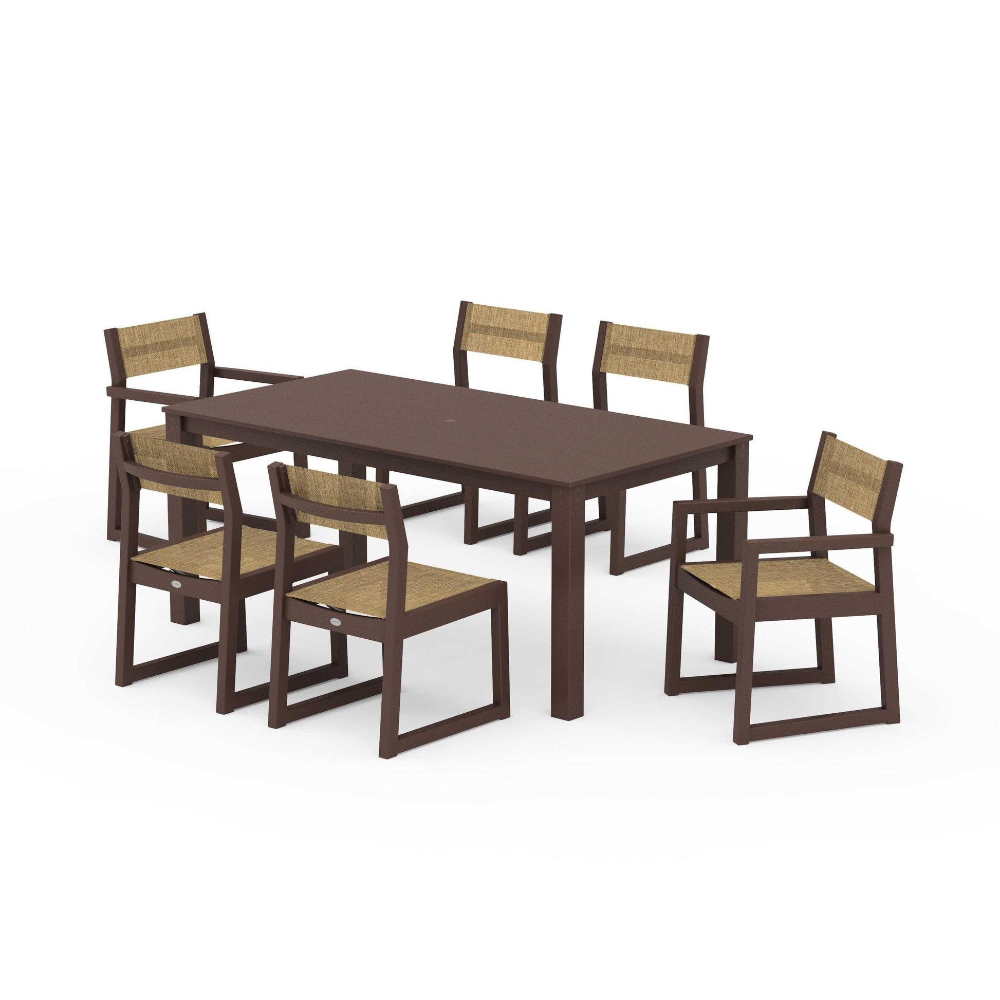 POLYWOOD EDGE Sling 7-Piece Parsons Dining Set — Mahogany / Burlap Sling