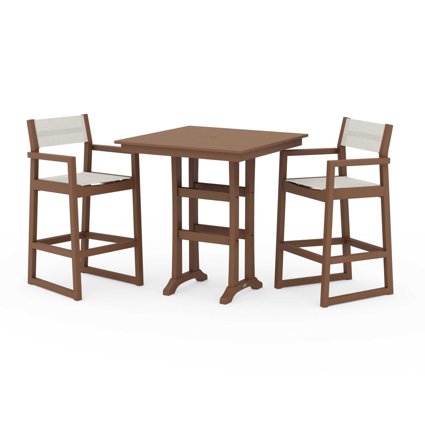 POLYWOOD EDGE Sling Arm Chair 3-Piece Farmhouse Bar Set with Trestle Legs — Teak / Parchment Sling