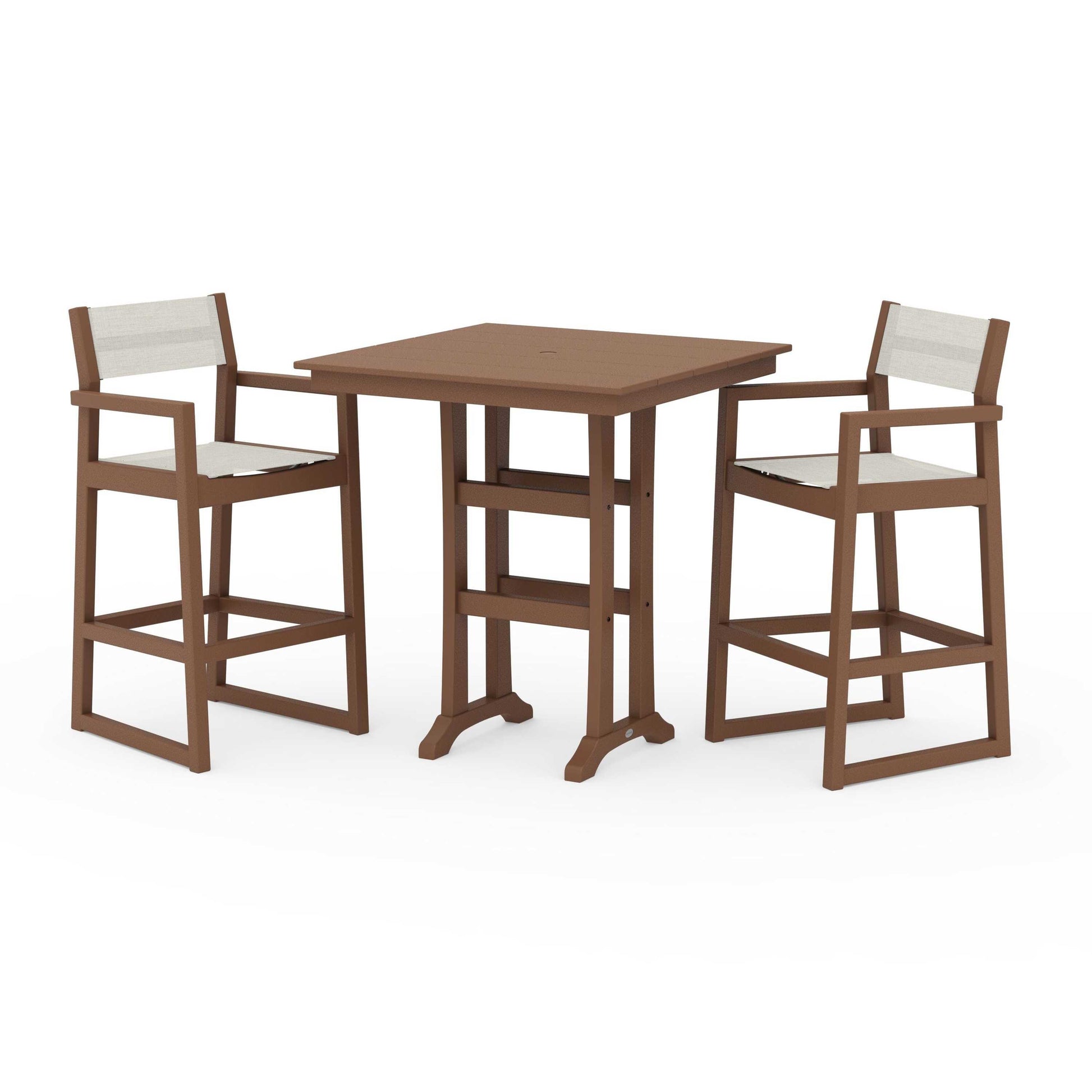 POLYWOOD EDGE Sling Arm Chair 3-Piece Farmhouse Bar Set with Trestle Legs — Teak / Parchment Sling