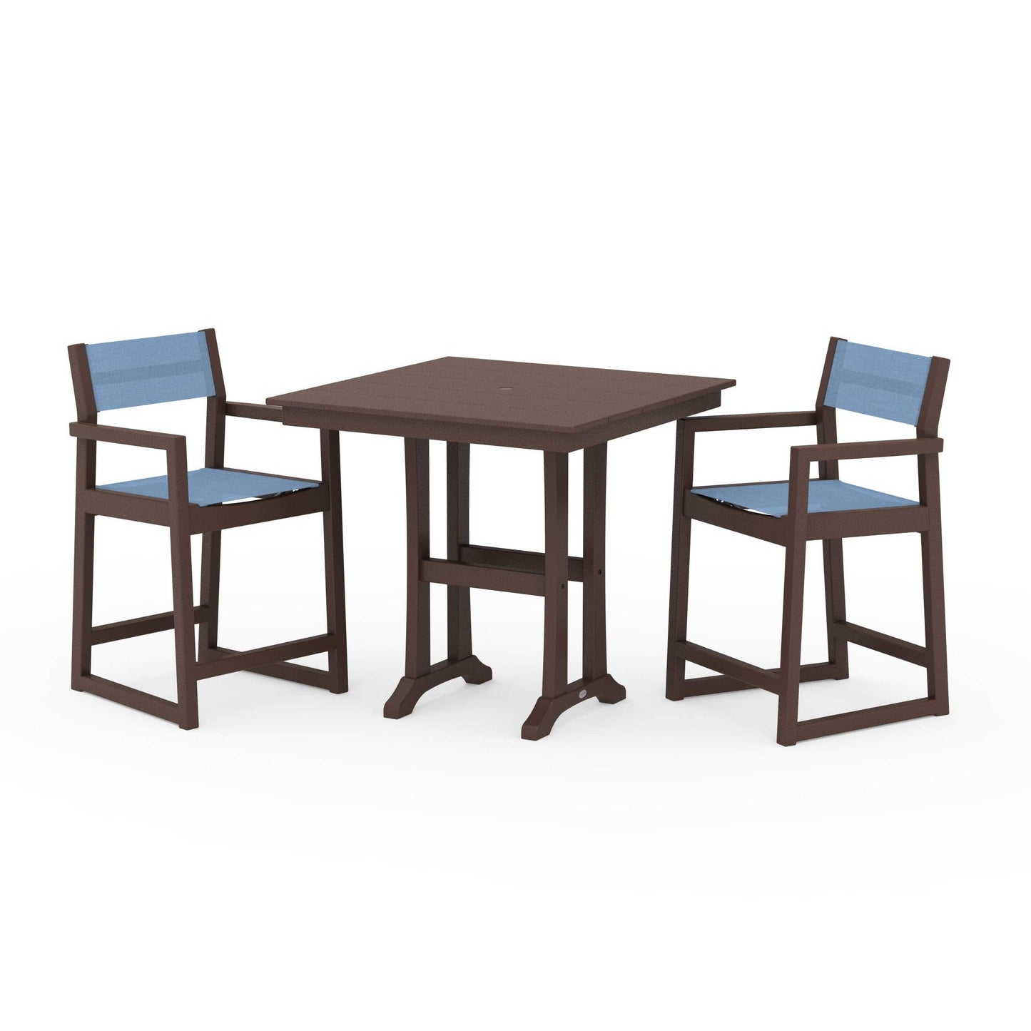 POLYWOOD EDGE Sling Arm Chair 3-Piece Farmhouse Counter Set with Trestle Legs — Mahogany / Poolside Sling