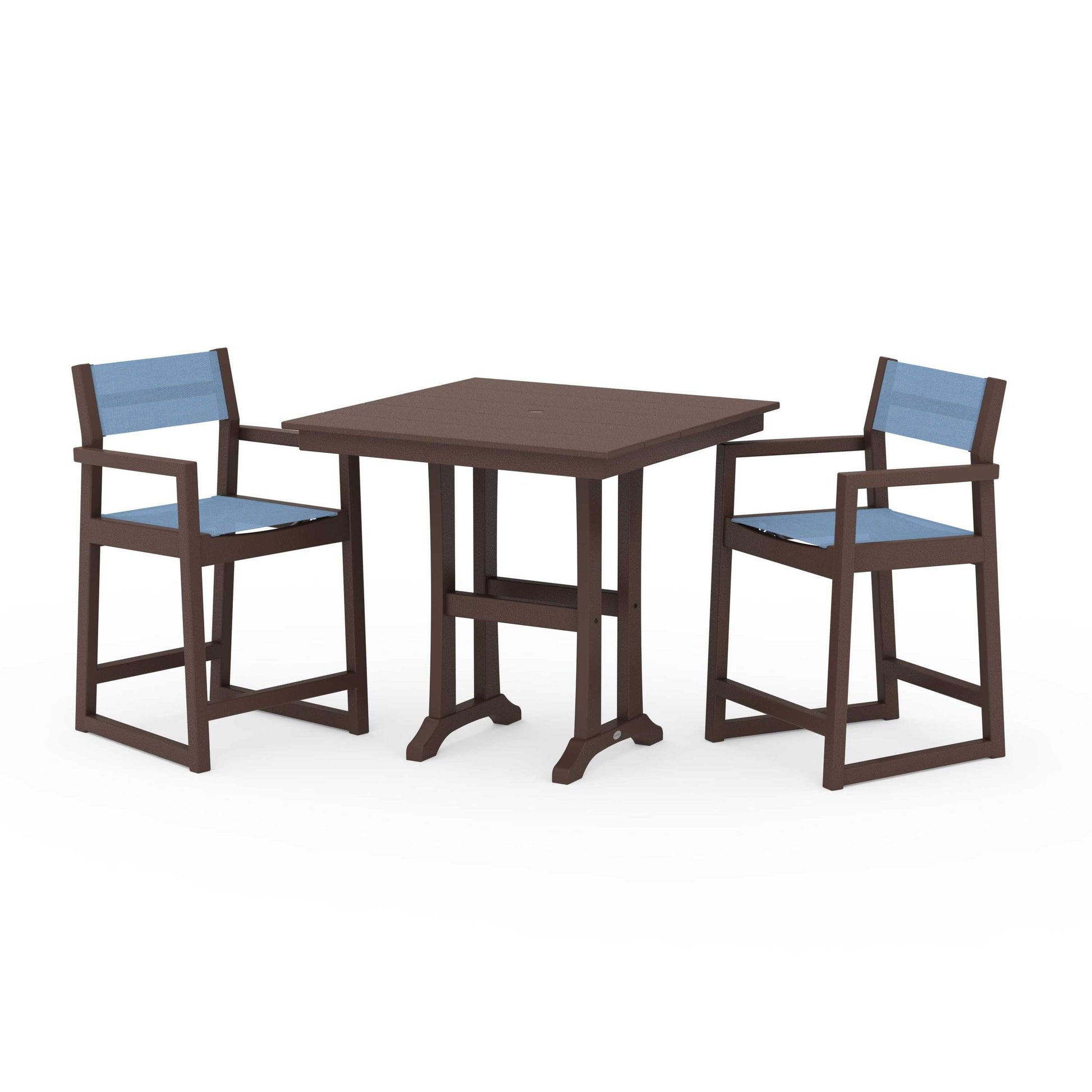 POLYWOOD EDGE Sling Arm Chair 3-Piece Farmhouse Counter Set with Trestle Legs — Mahogany / Poolside Sling