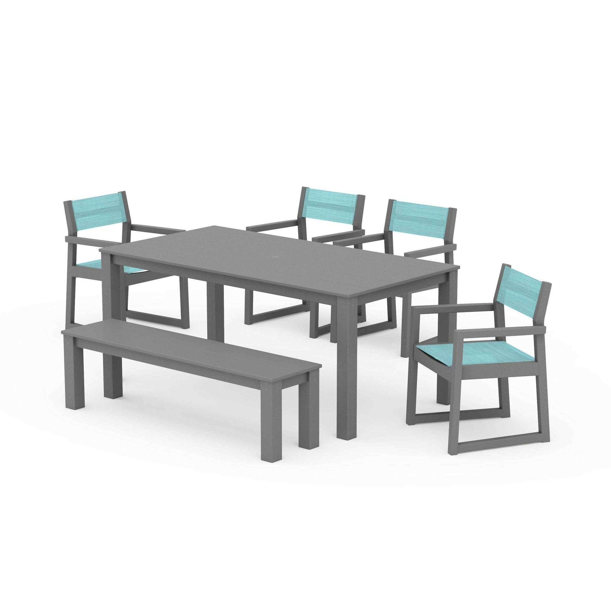 POLYWOOD EDGE Sling Arm Chair 6-Piece Parsons Dining Set with Bench — Slate Grey / Dupioni Aquamarine Sling