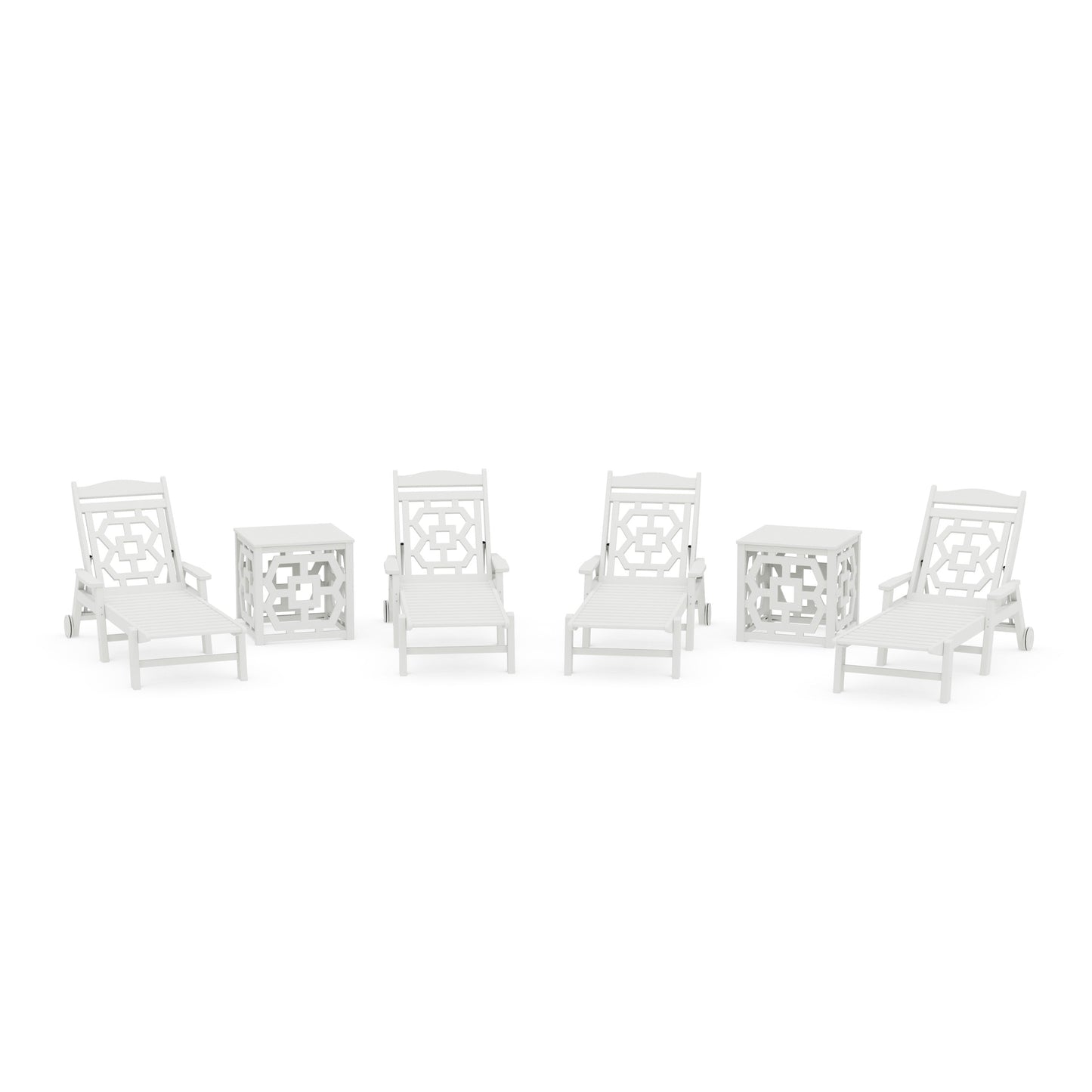 POLYWOOD Chinoiserie 6-Piece Chaise Set with Umbrella Stand Accent Table — Vintage White