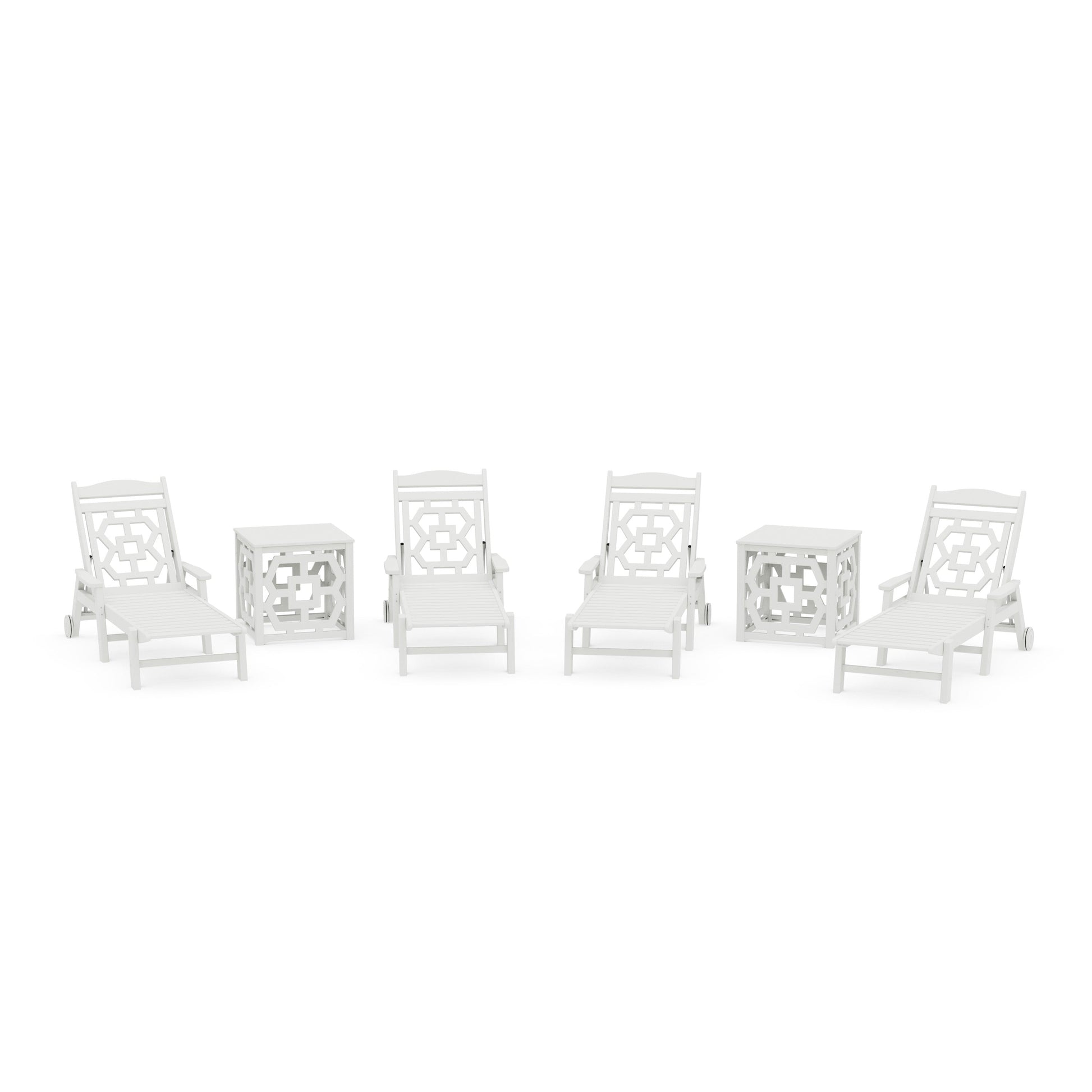 POLYWOOD Chinoiserie 6-Piece Chaise Set with Umbrella Stand Accent Table — Vintage White