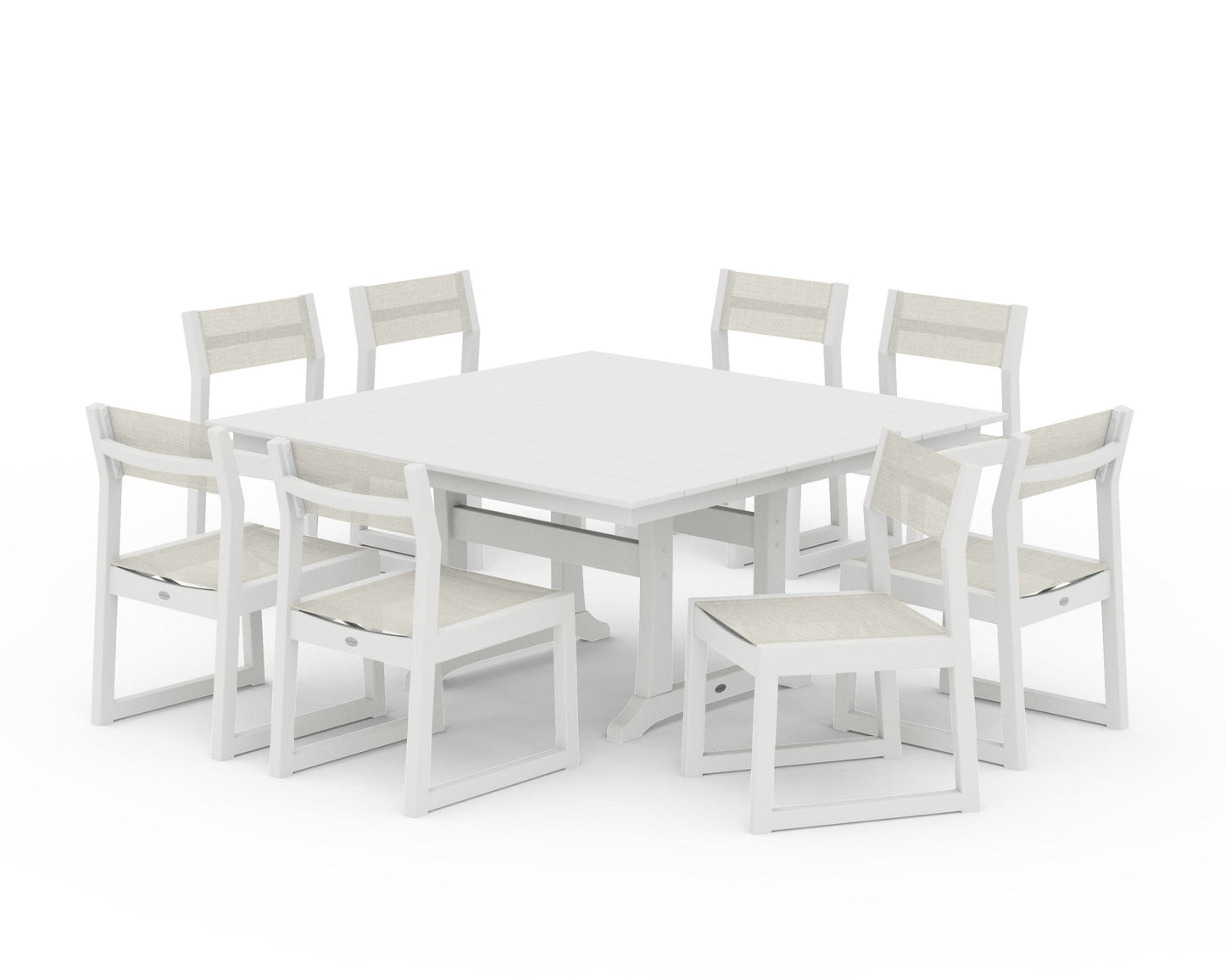 POLYWOOD EDGE Sling Side Chair 9-Piece Farmhouse Trestle Dining Set — Vintage White / Parchment Sling