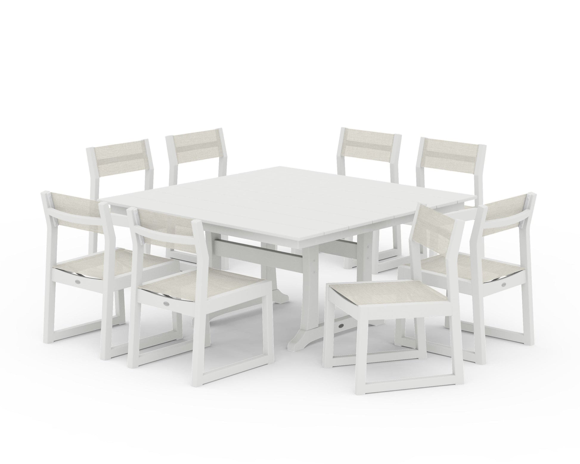 POLYWOOD EDGE Sling Side Chair 9-Piece Farmhouse Trestle Dining Set — Vintage White / Parchment Sling