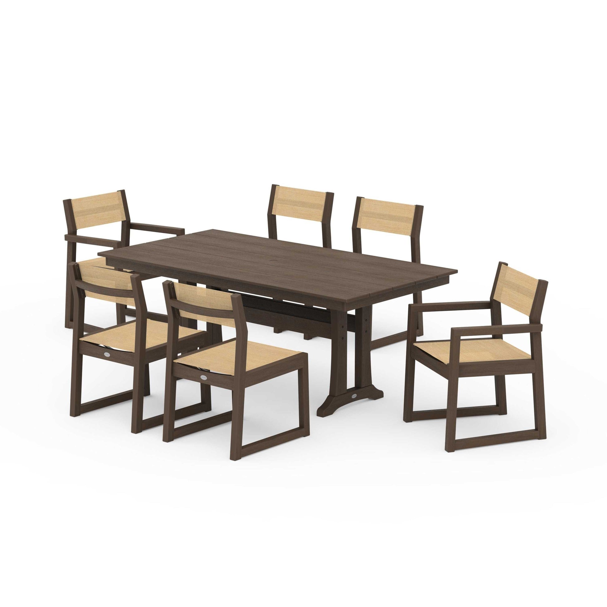 POLYWOOD EDGE Sling 7-Piece Farmhouse Trestle Dining Set — Kona / Dupioni Apricot Sling
