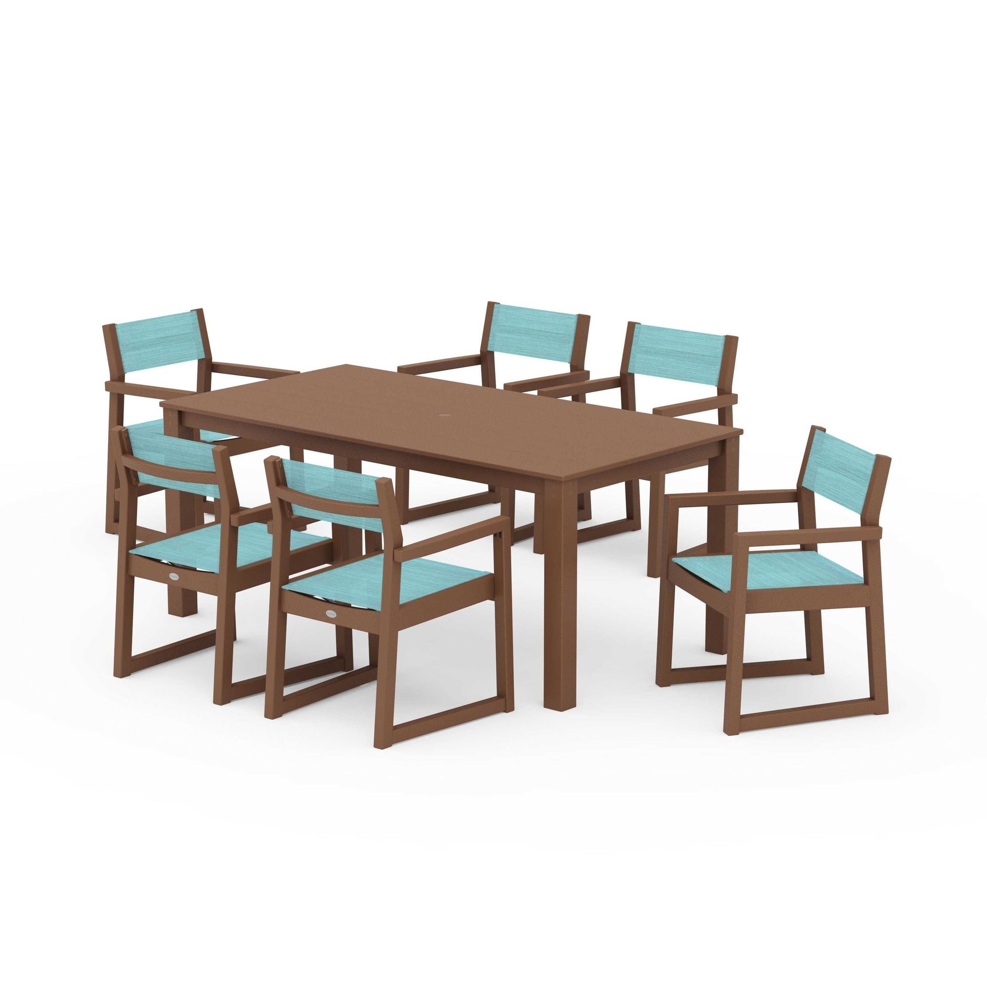POLYWOOD EDGE Sling Arm Chair 7-Piece Parsons Dining Set — Teak / Dupioni Aquamarine Sling
