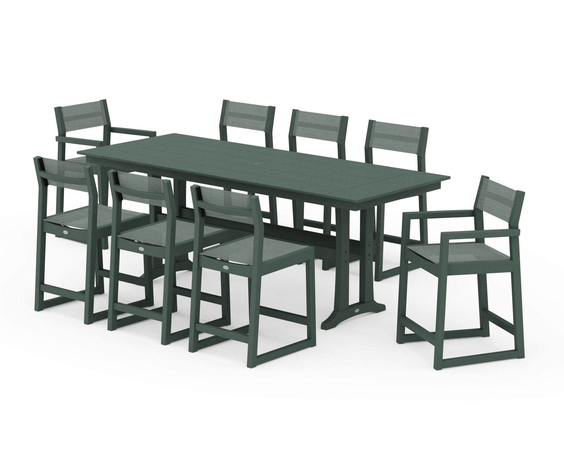 POLYWOOD EDGE Sling 9-Piece Farmhouse Counter Set with Trestle Legs — Green / Dupioni Sea Mist Sling