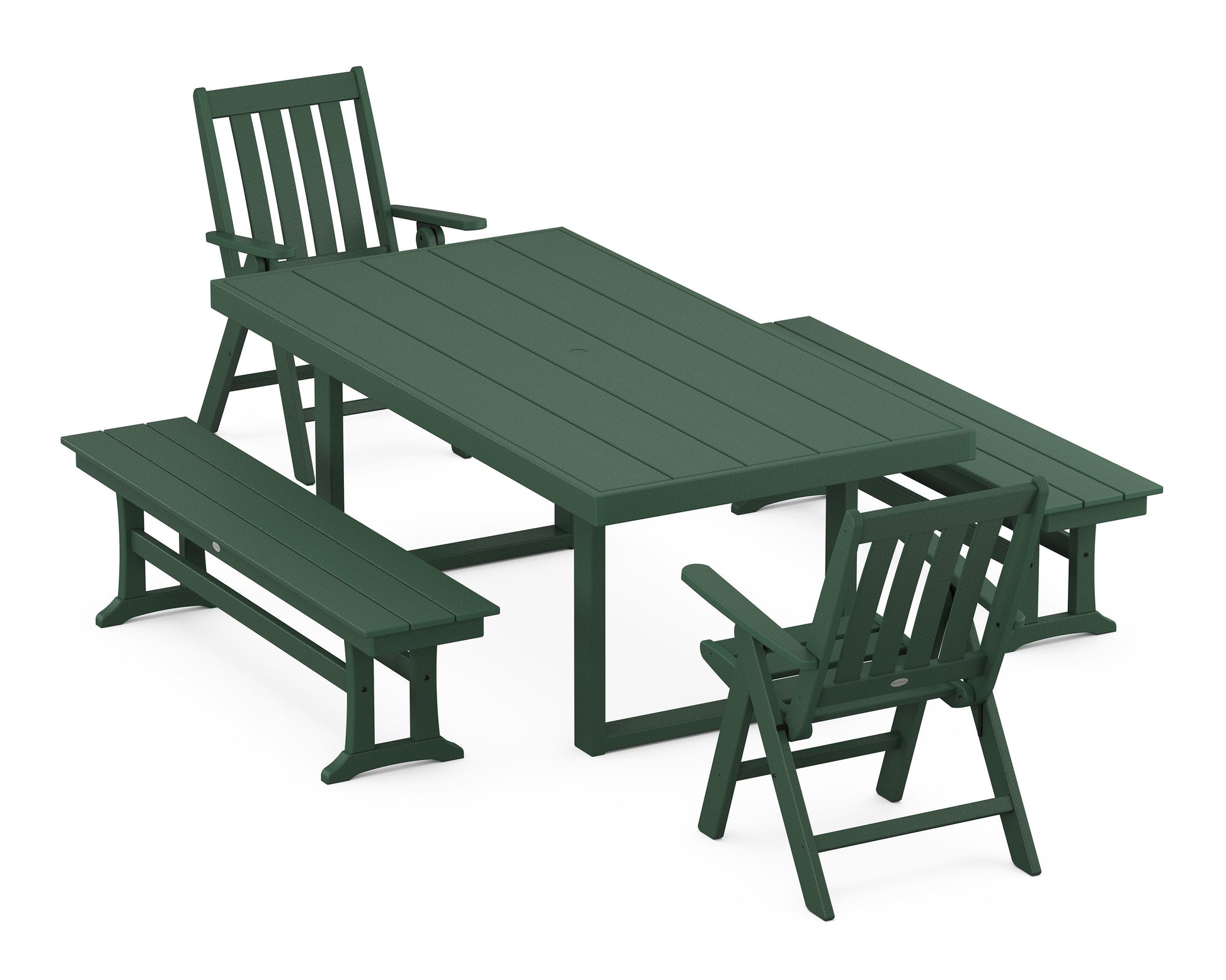 POLYWOOD Vineyard Folding Chair 5-Piece Dining Set with Benches — Green