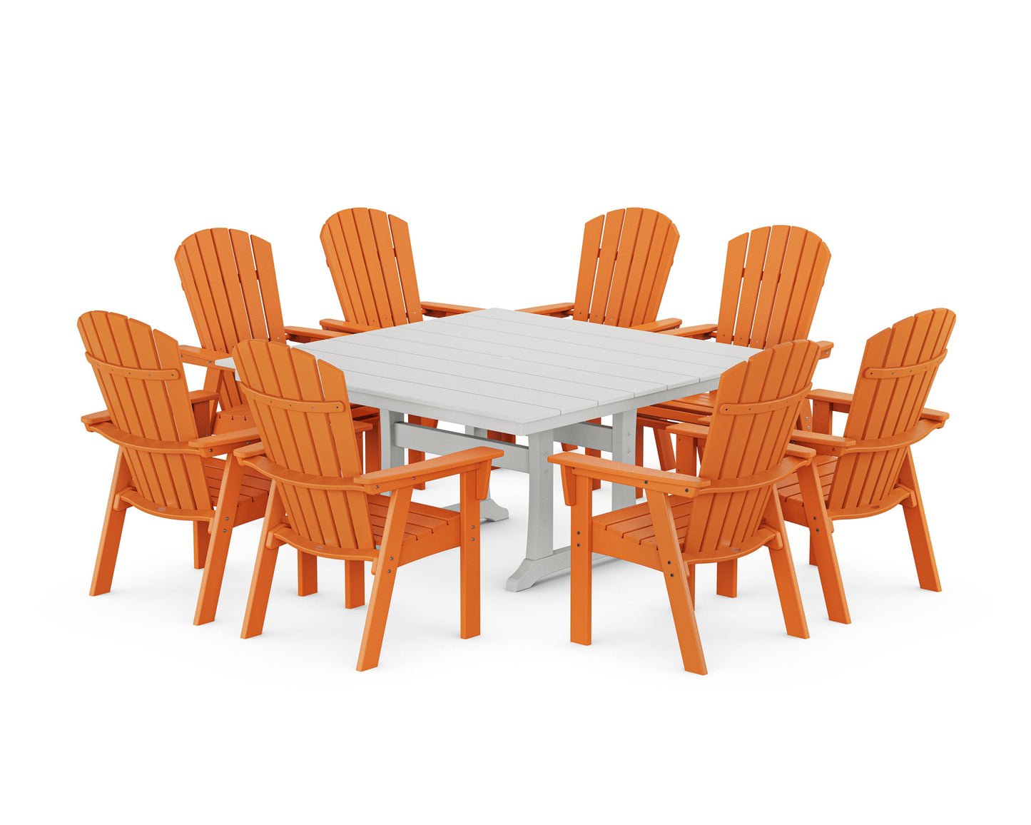 POLYWOOD Nautical Curveback Adirondack 9-Piece Square Dining Set with Trestle Legs — Tangerine / White