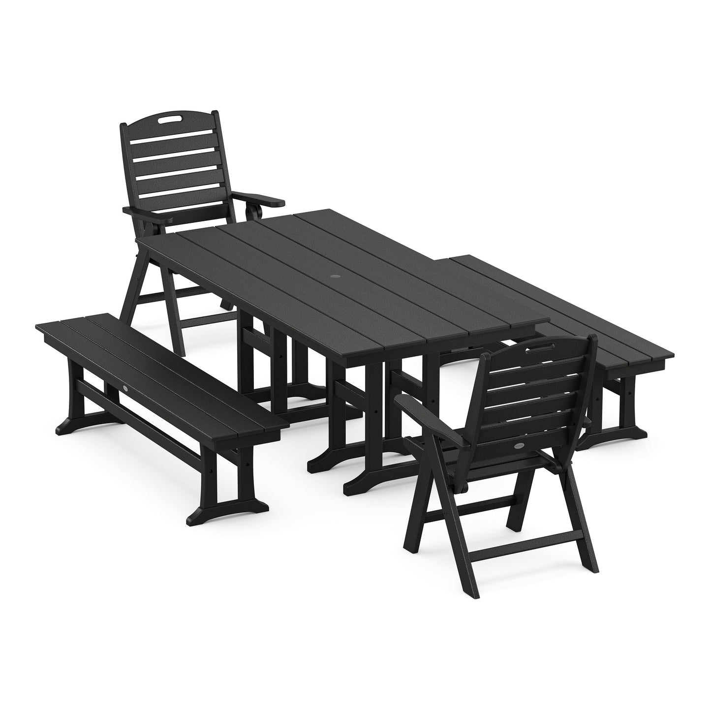 POLYWOOD Nautical Highback 5-Piece Farmhouse Dining Set with Benches — Black
