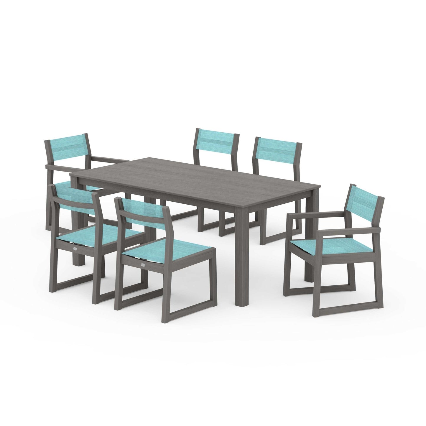 POLYWOOD EDGE Sling 7-Piece Parsons Dining Set — Driftwood / Dupioni Aquamarine Sling