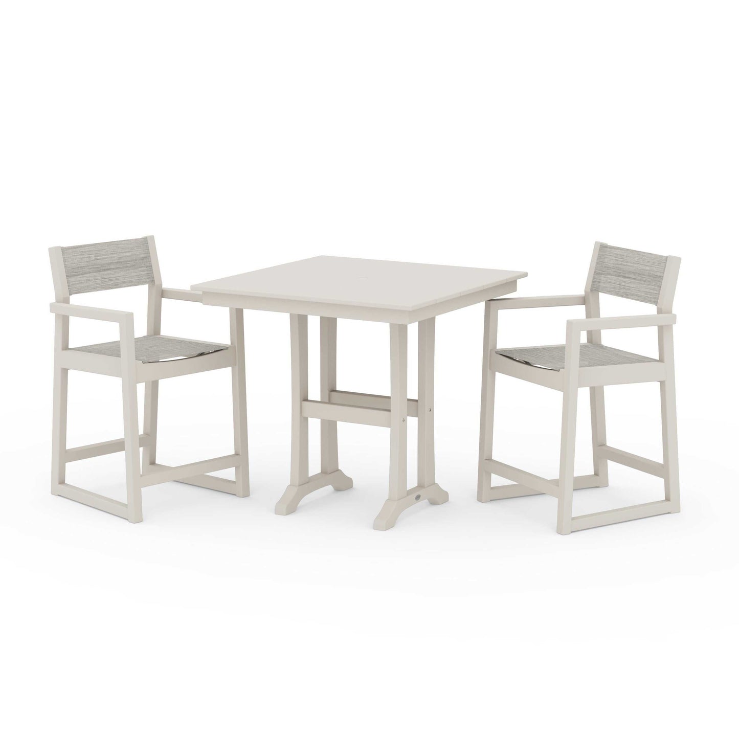 POLYWOOD EDGE Sling Arm Chair 3-Piece Farmhouse Counter Set with Trestle Legs — Sand / Birch Sling