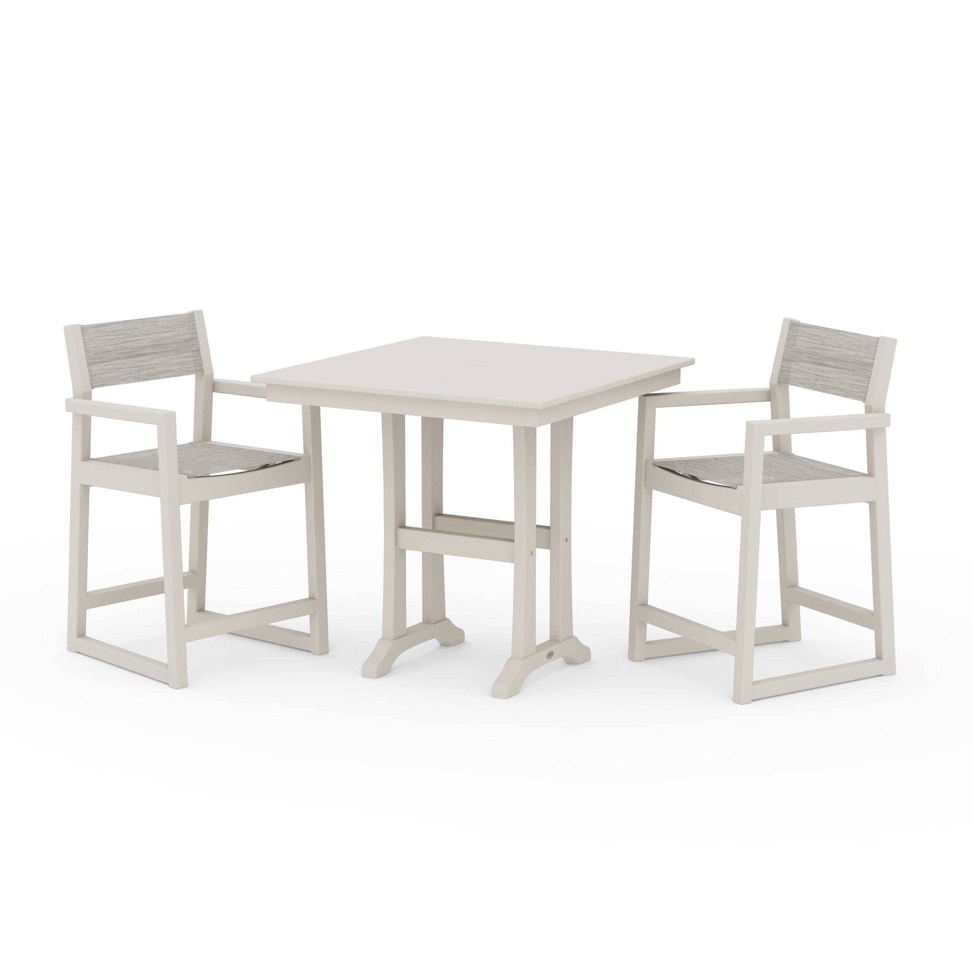 POLYWOOD EDGE Sling Arm Chair 3-Piece Farmhouse Counter Set with Trestle Legs — Sand / Birch Sling