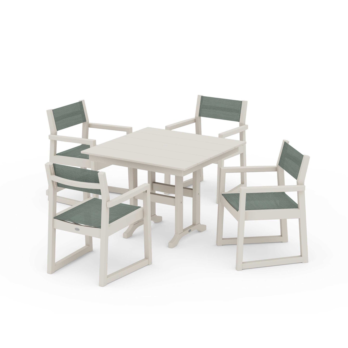 POLYWOOD EDGE Sling Arm Chair 5-Piece Farmhouse Dining Set — Sand / Dupioni Sea Mist Sling