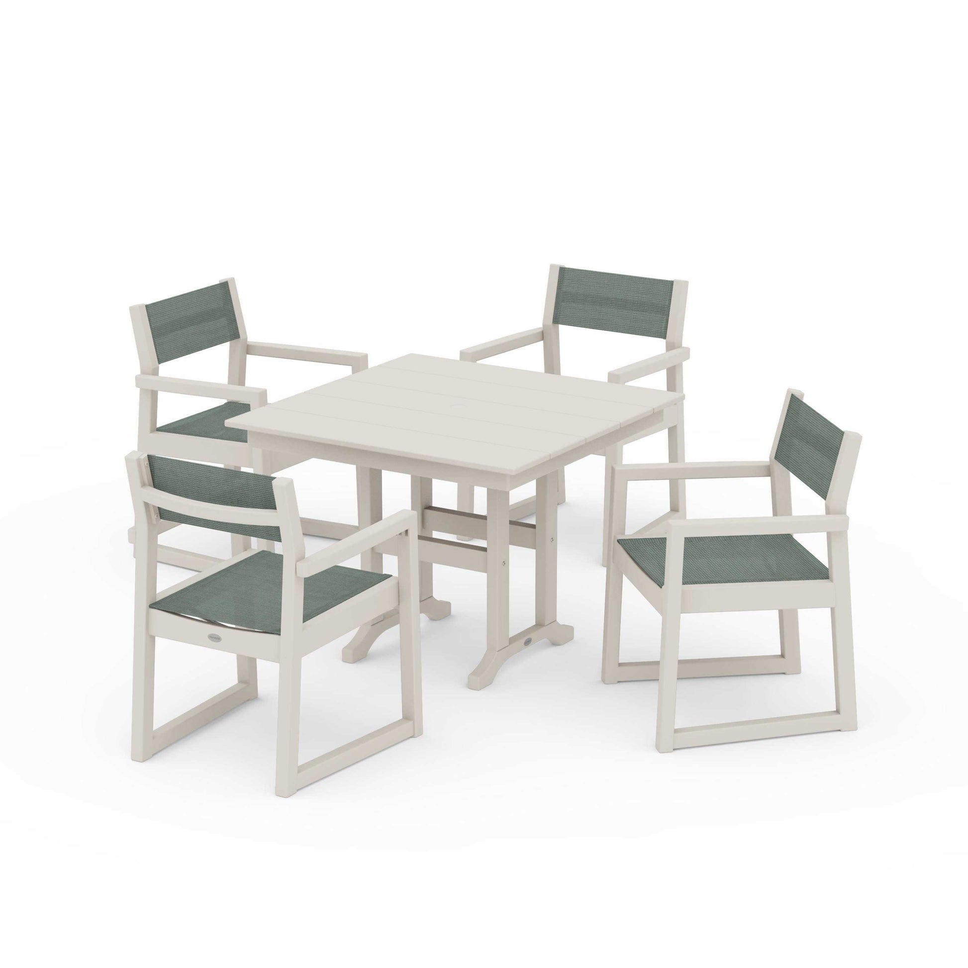 POLYWOOD EDGE Sling Arm Chair 5-Piece Farmhouse Dining Set — Sand / Dupioni Sea Mist Sling