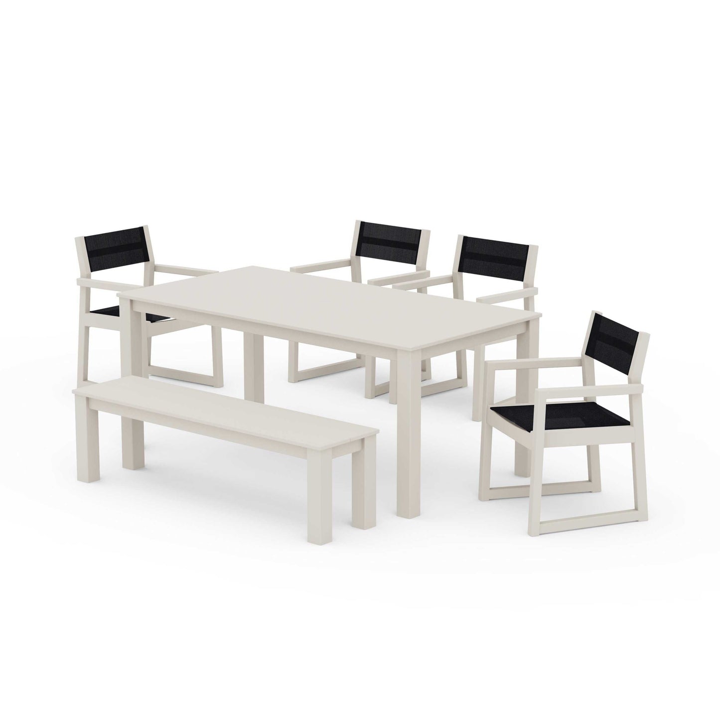 POLYWOOD EDGE Sling Arm Chair 6-Piece Parsons Dining Set with Bench — Sand / Black Sling